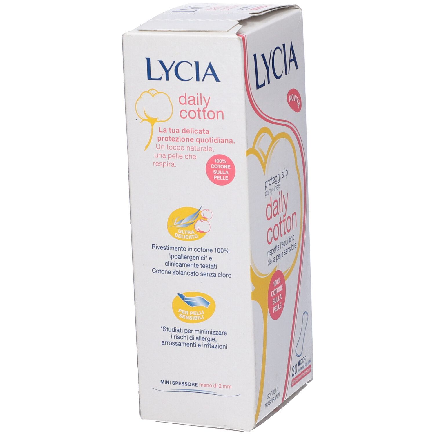 Confezione di Lycia Daily Cotton. Mostra le caratteristiche del prodotto, tra cui 100% cotone e ipoallergenico. Contiene 20 salvaslip.