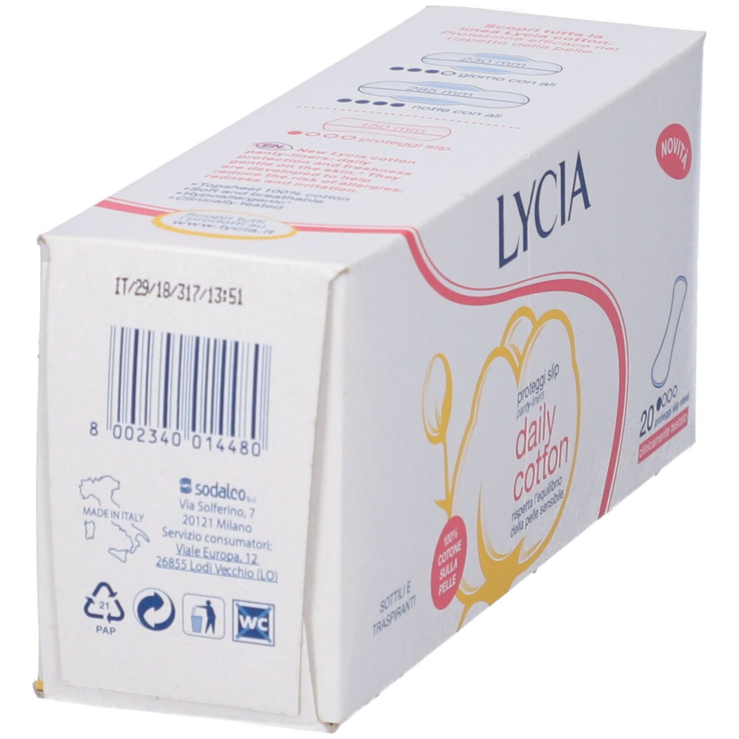 Confezione di Lycia Daily Cotton. Retro con codice a barre, informazioni del produttore e nome del prodotto. Contiene 20 salvaslip.
