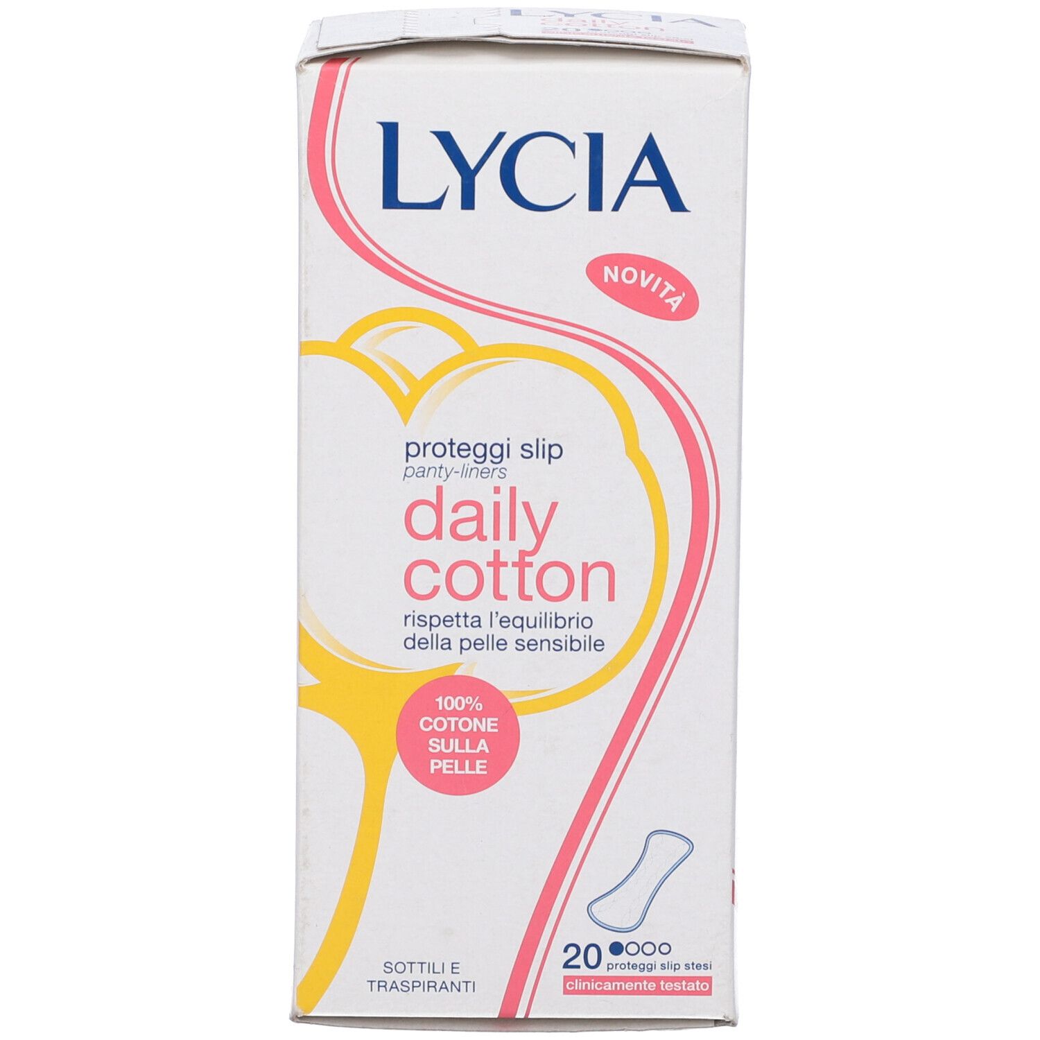 Confezione di Lycia Daily Cotton. Design rosa e giallo con nome e caratteristiche del prodotto. Contiene 20 salvaslip.