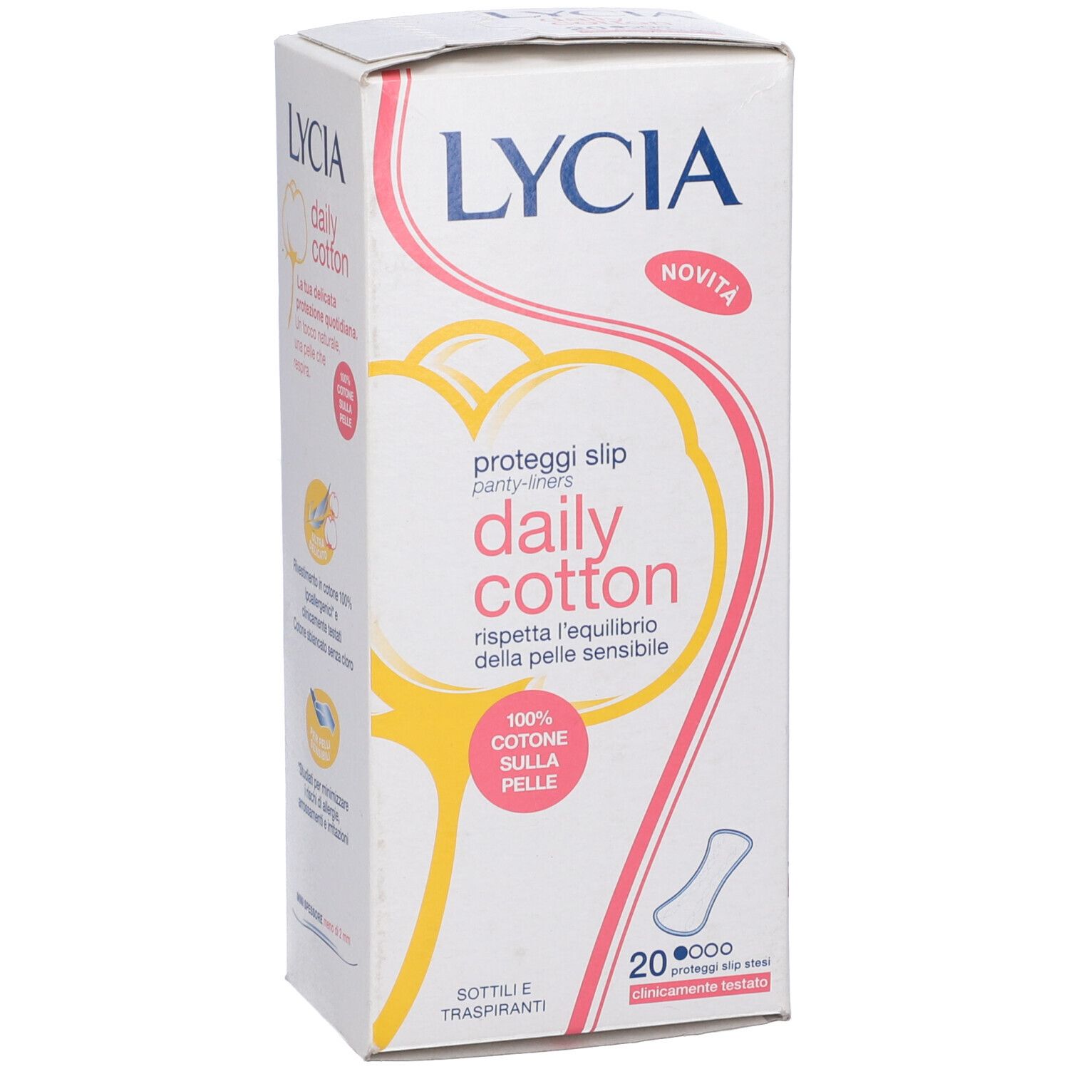 Confezione di Lycia Daily Cotton. Design rosa e giallo con nome e caratteristiche del prodotto. Contiene 20 salvaslip.