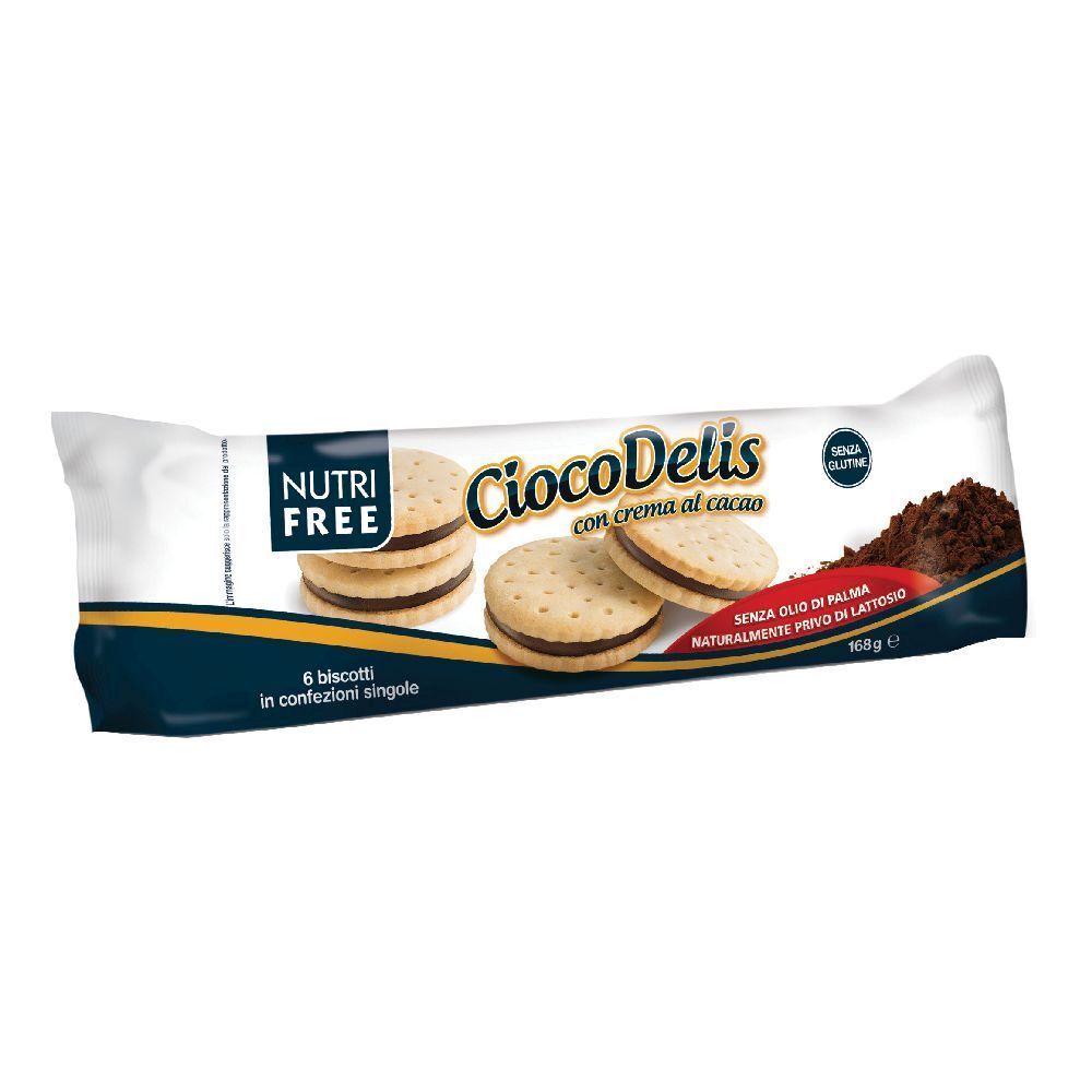 Confezione di biscotti Nutrifree Ciocodelis. Sei biscotti con crema al cioccolato, senza glutine. Confezione con nome e logo del prodotto.