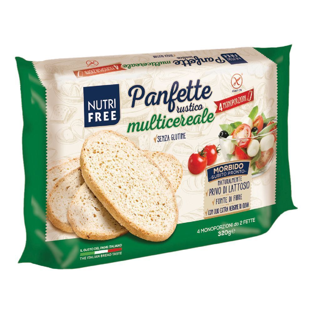 Confezione di Panfette multicereale. Senza glutine. Contiene 4 porzioni. Scritte: Morbido, pronto, senza lattosio, ricco di fibre.
