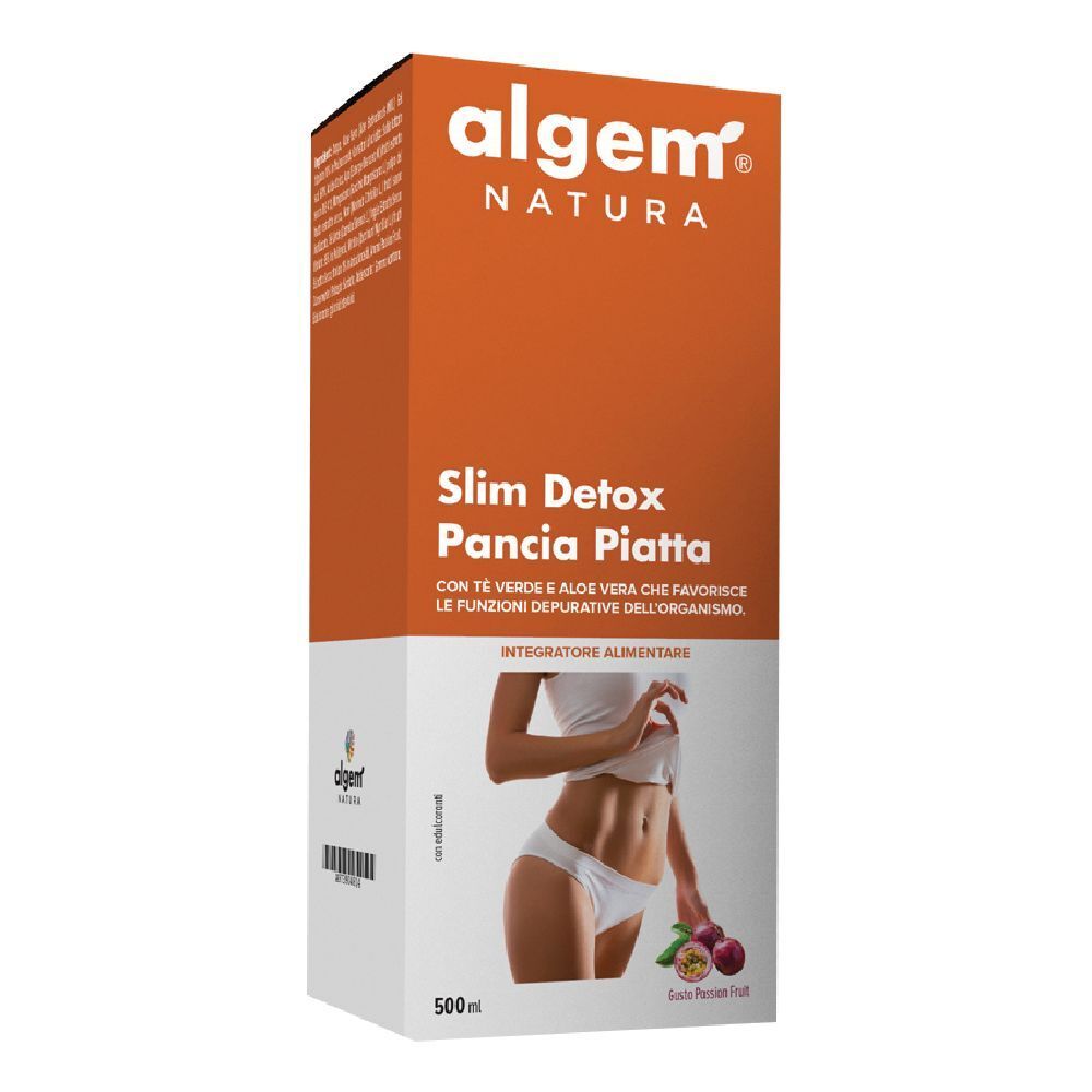 Algem Natura Slim Detox Pancia Piatta. Scatola con immagine del prodotto e testo. Contiene Te verde e Aloe vera. 500ml.