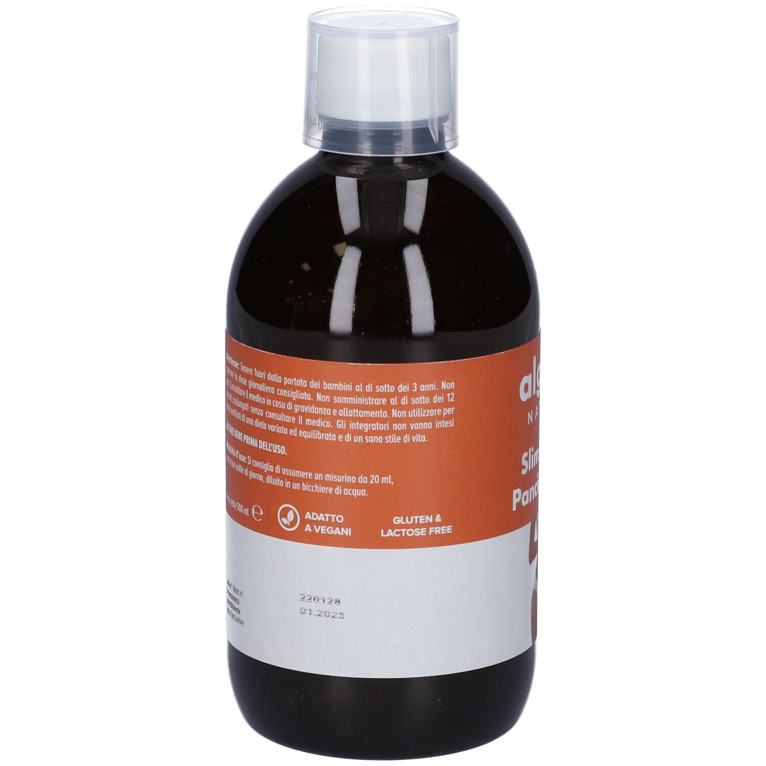 Algem Natura Slim Detox Pancia Piatta. Bottiglia con tappo bianco. Testo sull'etichetta. Senza glutine e lattosio. 500ml.