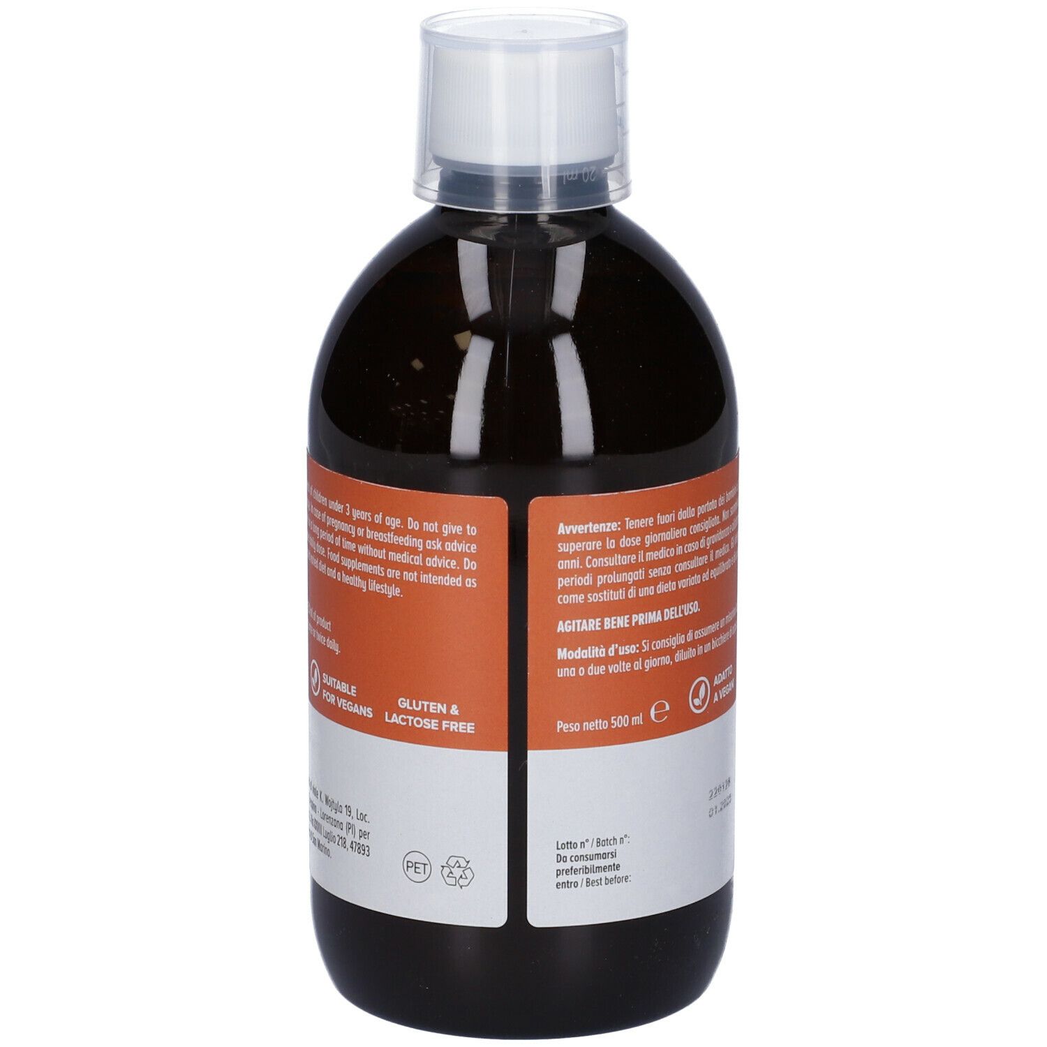 Algem Natura Slim Detox Pancia Piatta. Bottiglia con tappo bianco. Testo sull'etichetta. Adatto ai vegani. 500ml.