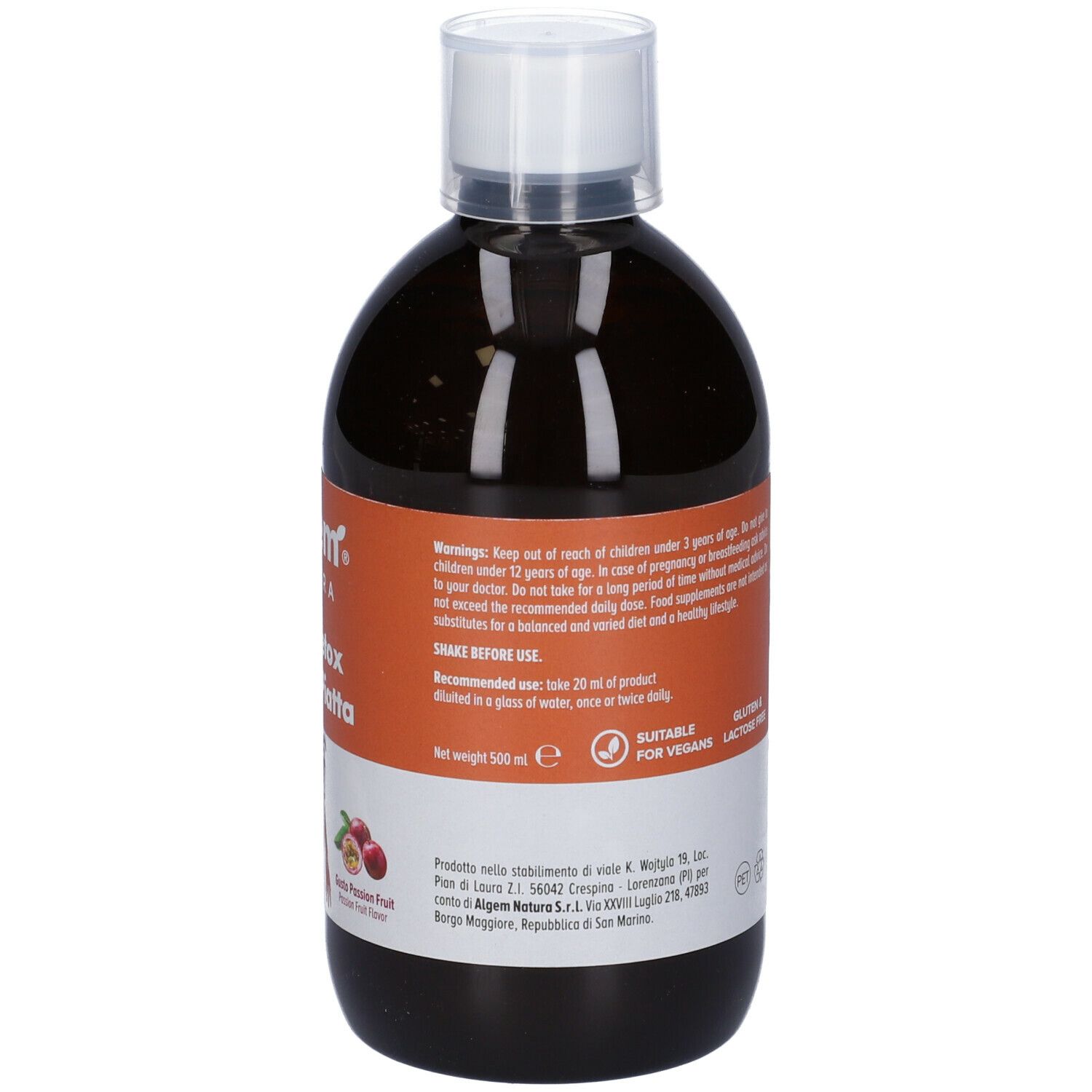 Algem Natura Slim Detox Pancia Piatta. Bottiglia con tappo bianco. Testo sull'etichetta. 500ml. Adatto ai vegani.