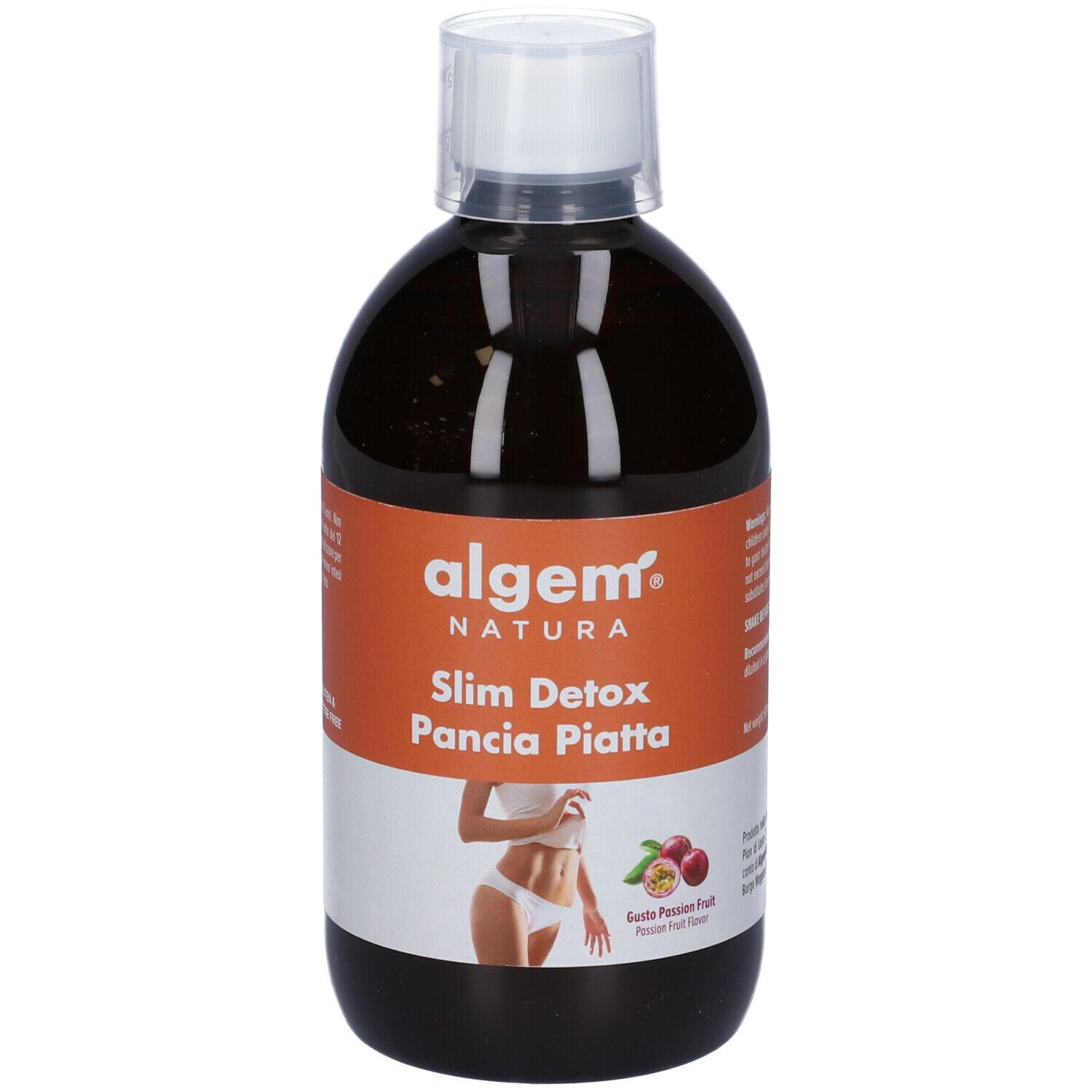 Algem Natura Slim Detox Pancia Piatta. Bottiglia con tappo bianco. Testo sull'etichetta. 500ml. Gusto frutto della passione.