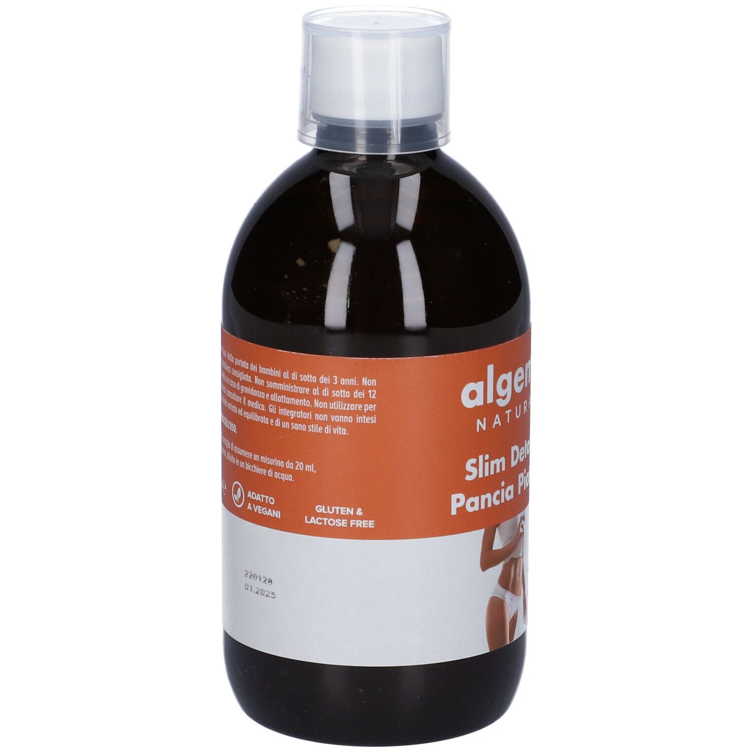 Algem Natura Slim Detox Pancia Piatta. Bottiglia con tappo bianco. Testo sull'etichetta. Senza glutine e lattosio. 500ml.