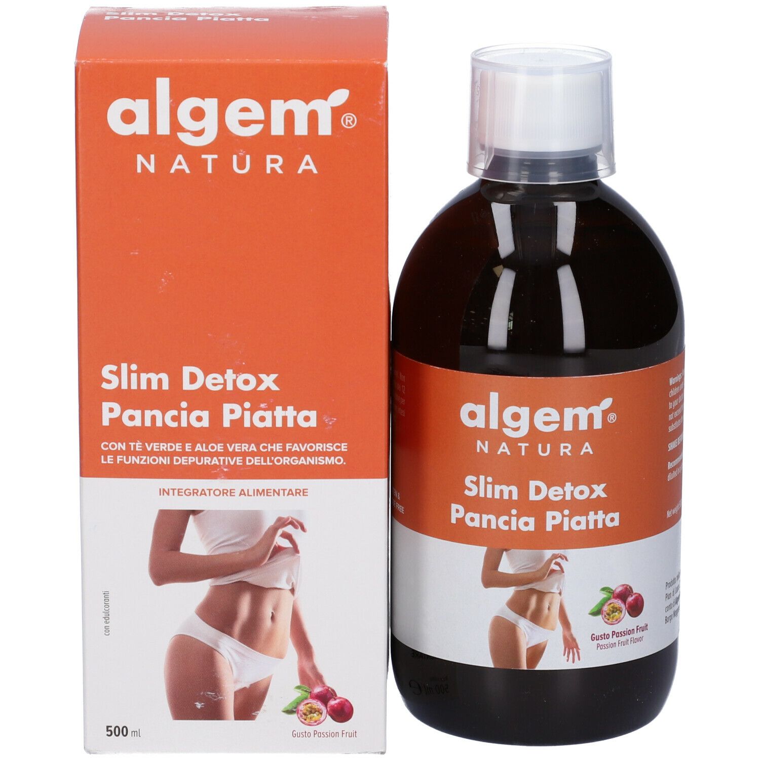 Algem Natura Slim Detox Pancia Piatta. Bottiglia e scatola. Testo e immagine del prodotto. 500ml. Gusto frutto della passione.