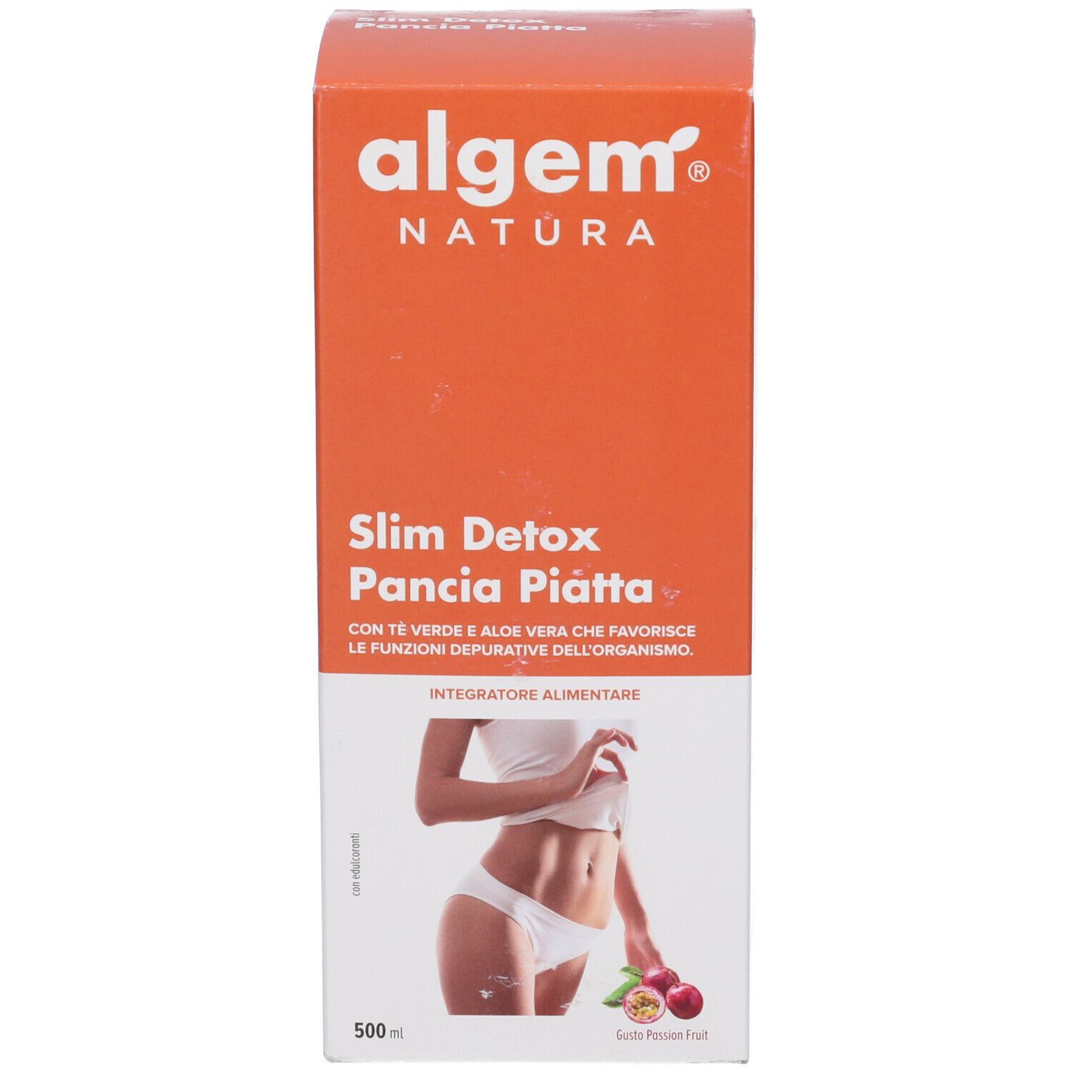 Algem Natura Slim Detox Pancia Piatta. Scatola con testo e immagine del prodotto. 500ml. Gusto frutto della passione.
