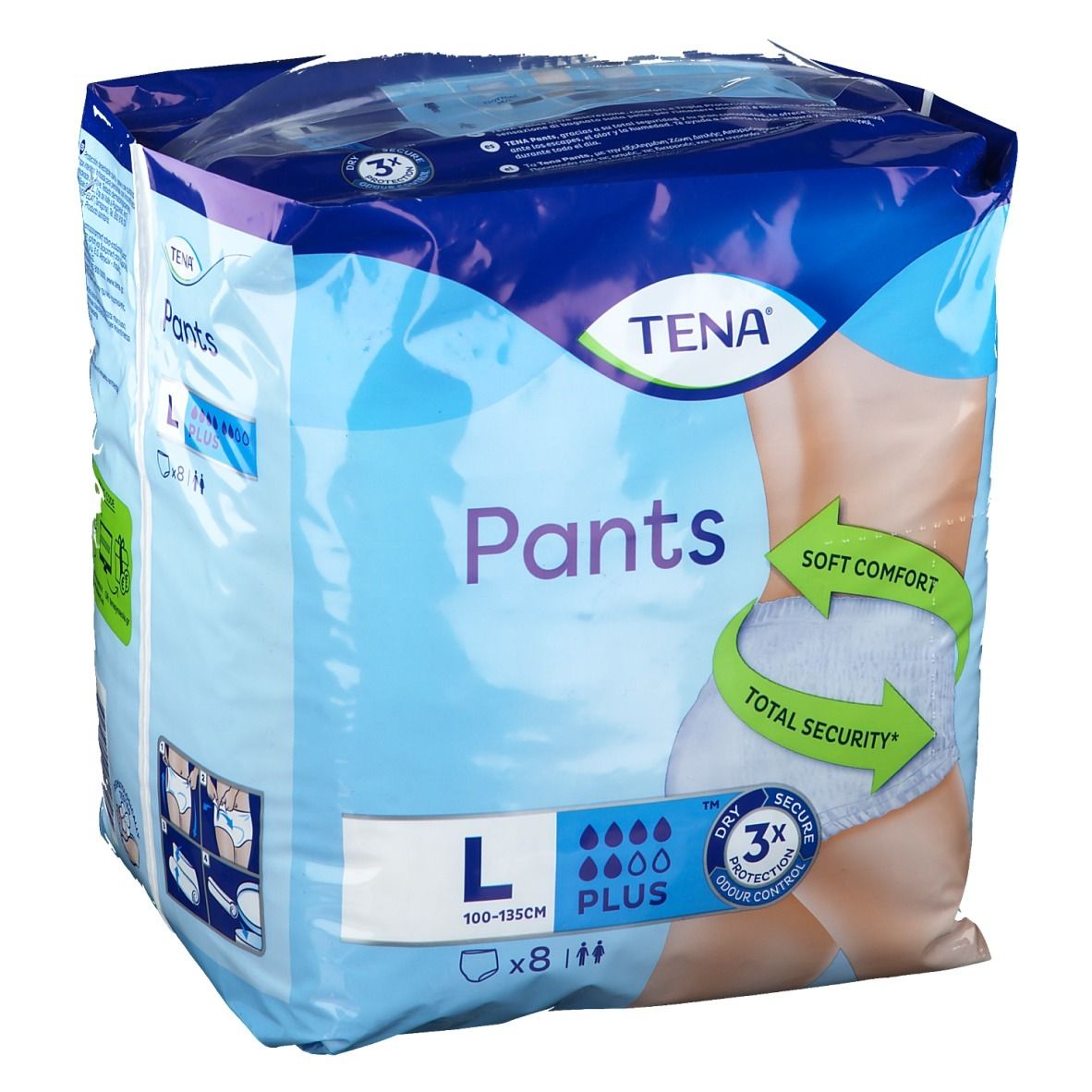 Confezione di TENA Pants Plus L. Confezione blu con immagine del prodotto e indicazione della taglia L. Contiene 8 pezzi.
