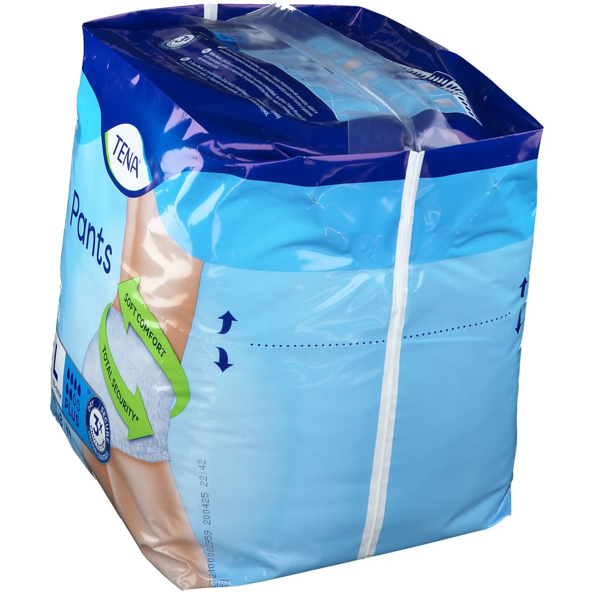 Retro della confezione TENA Pants Plus L. Confezione blu con informazioni sul prodotto e istruzioni.
