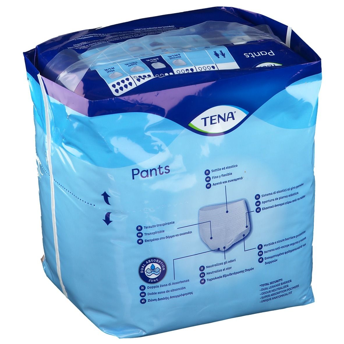 Retro della confezione TENA Pants Plus L. Confezione blu con immagine del prodotto e dettagli tecnici.