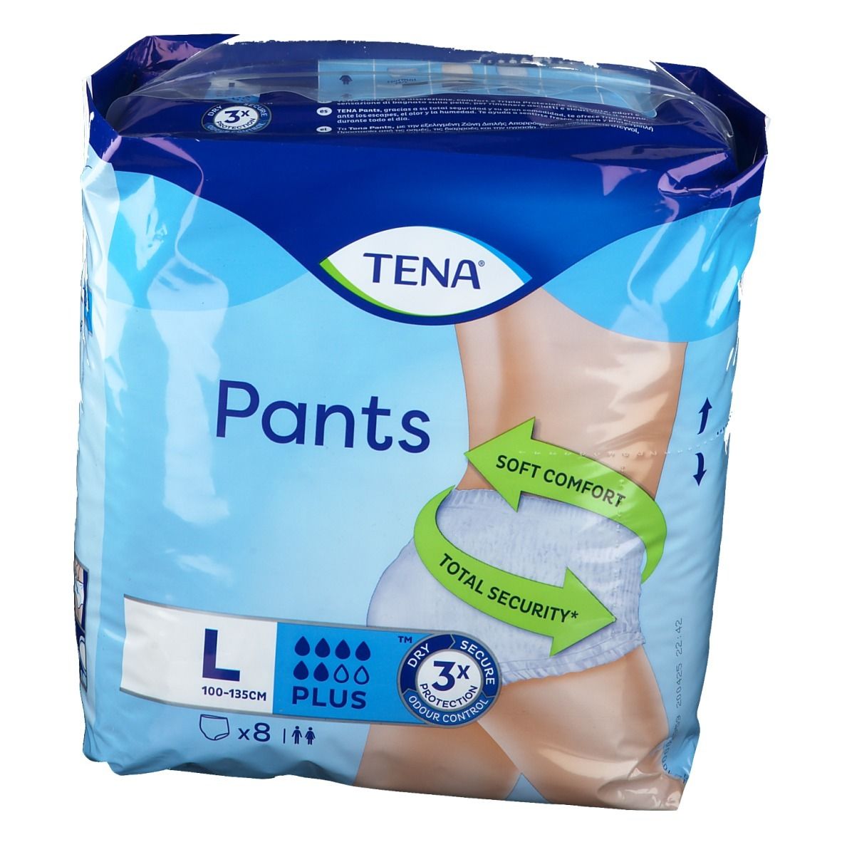 Fronte della confezione TENA Pants Plus L. Confezione blu con immagine del prodotto e indicazione della taglia L. Contiene 8 pezzi.