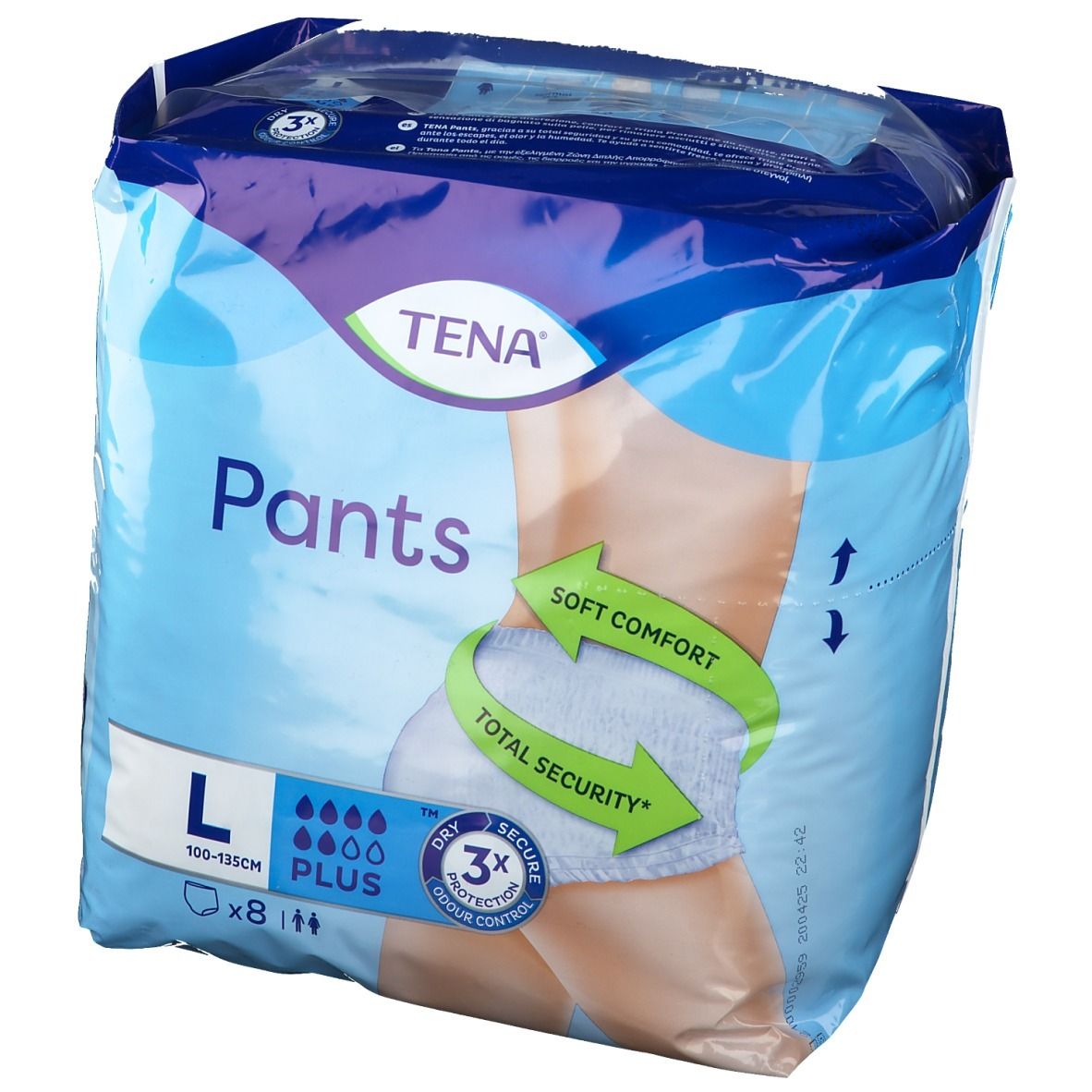 Fronte della confezione TENA Pants Plus L. Confezione blu con immagine del prodotto e indicazione della taglia L. Contiene 8 pezzi.