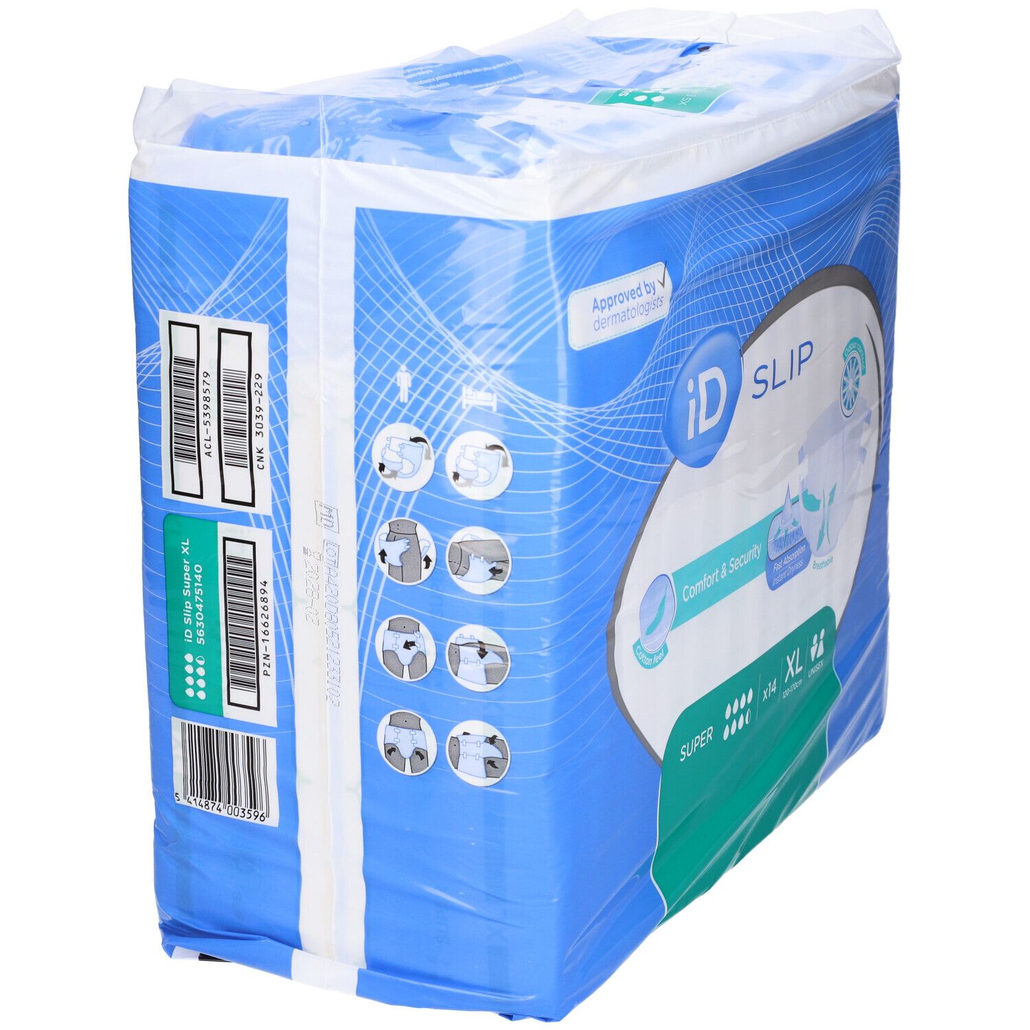 Confezione di pannolini ID Slip blu. Scritta SUPER, XL, x14. Codici a barre e informazioni.