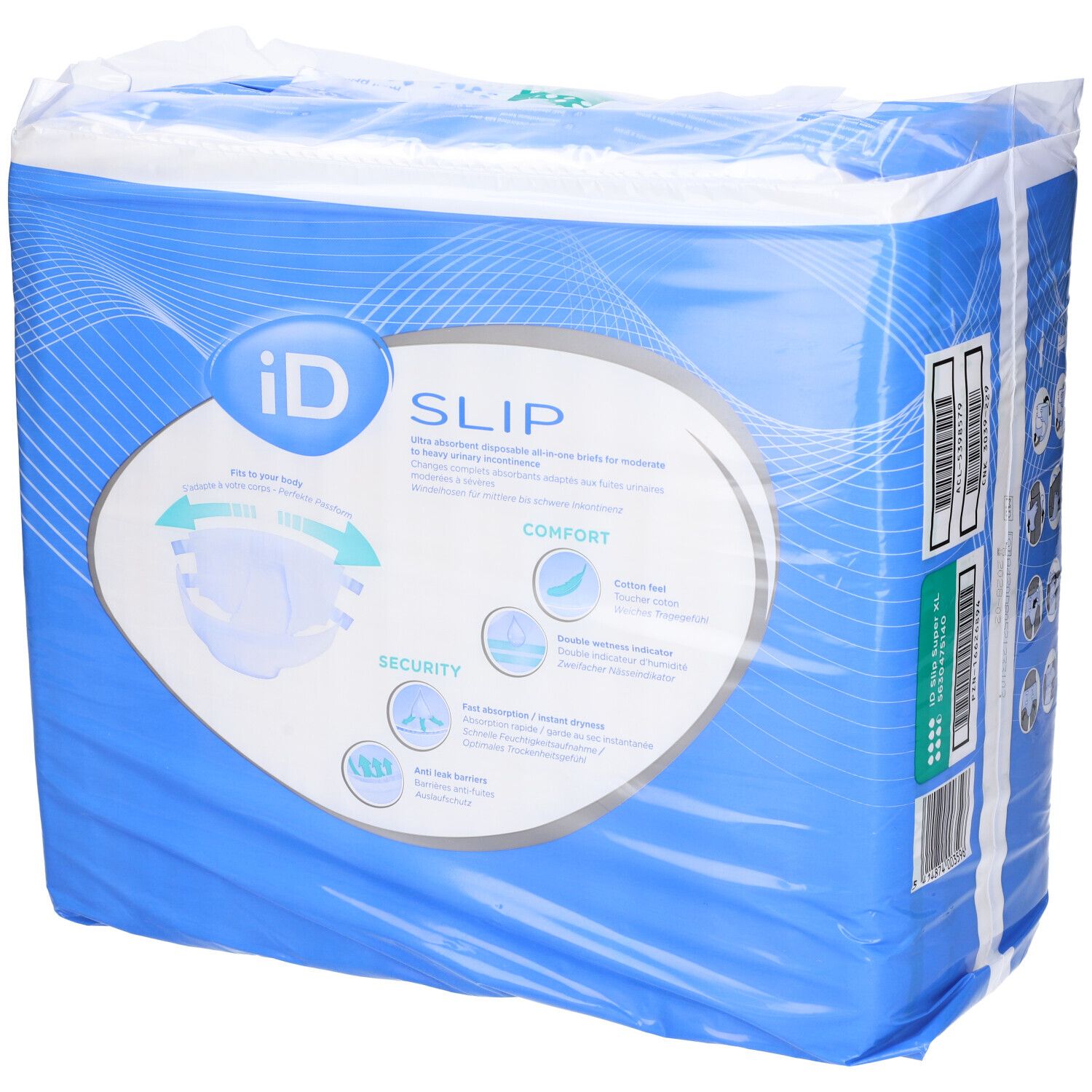 Confezione di pannolini ID Slip blu. Scritta SLIP, SUPER, XL. Caratteristiche e pittogrammi.