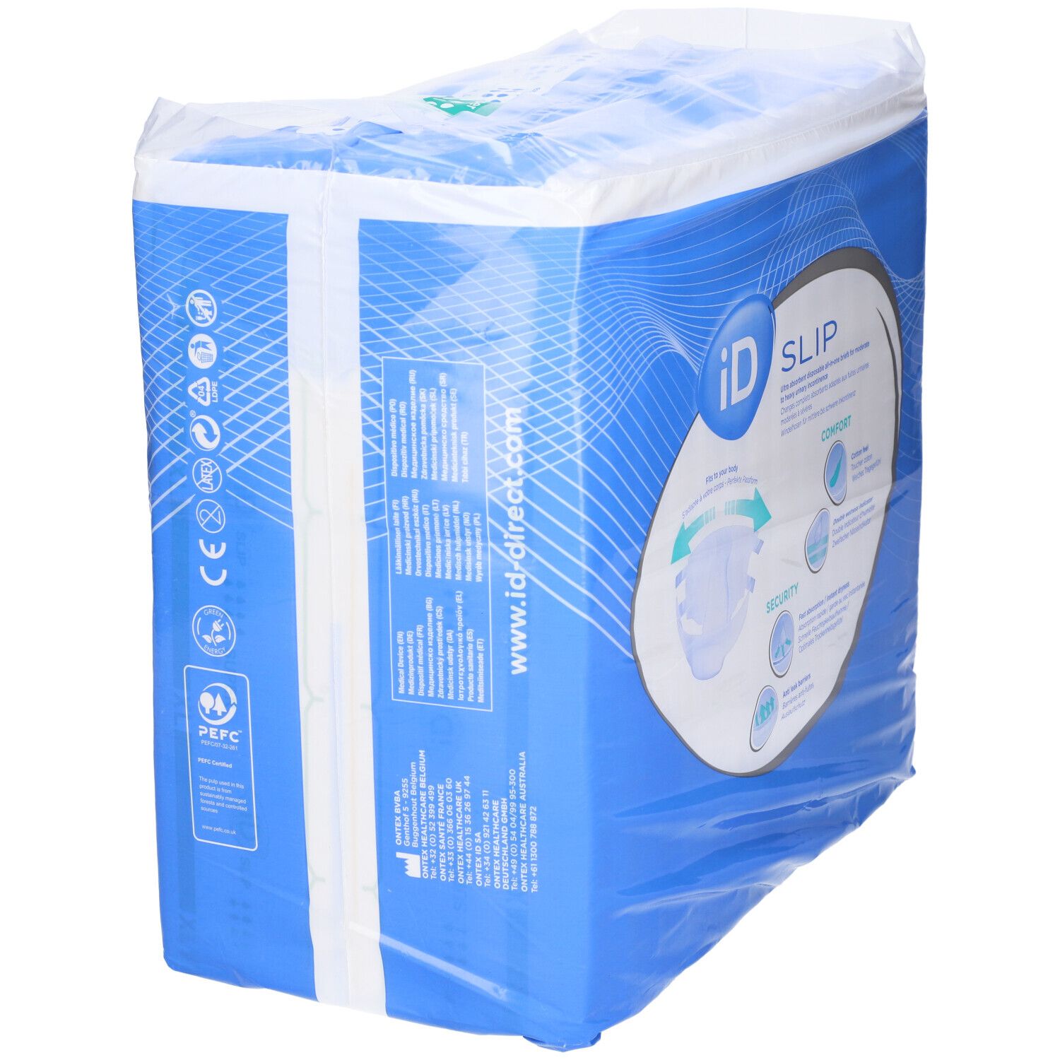 Confezione di pannolini ID Slip blu. Scritta SLIP. Con marchio CE ed etichetta PEFC.