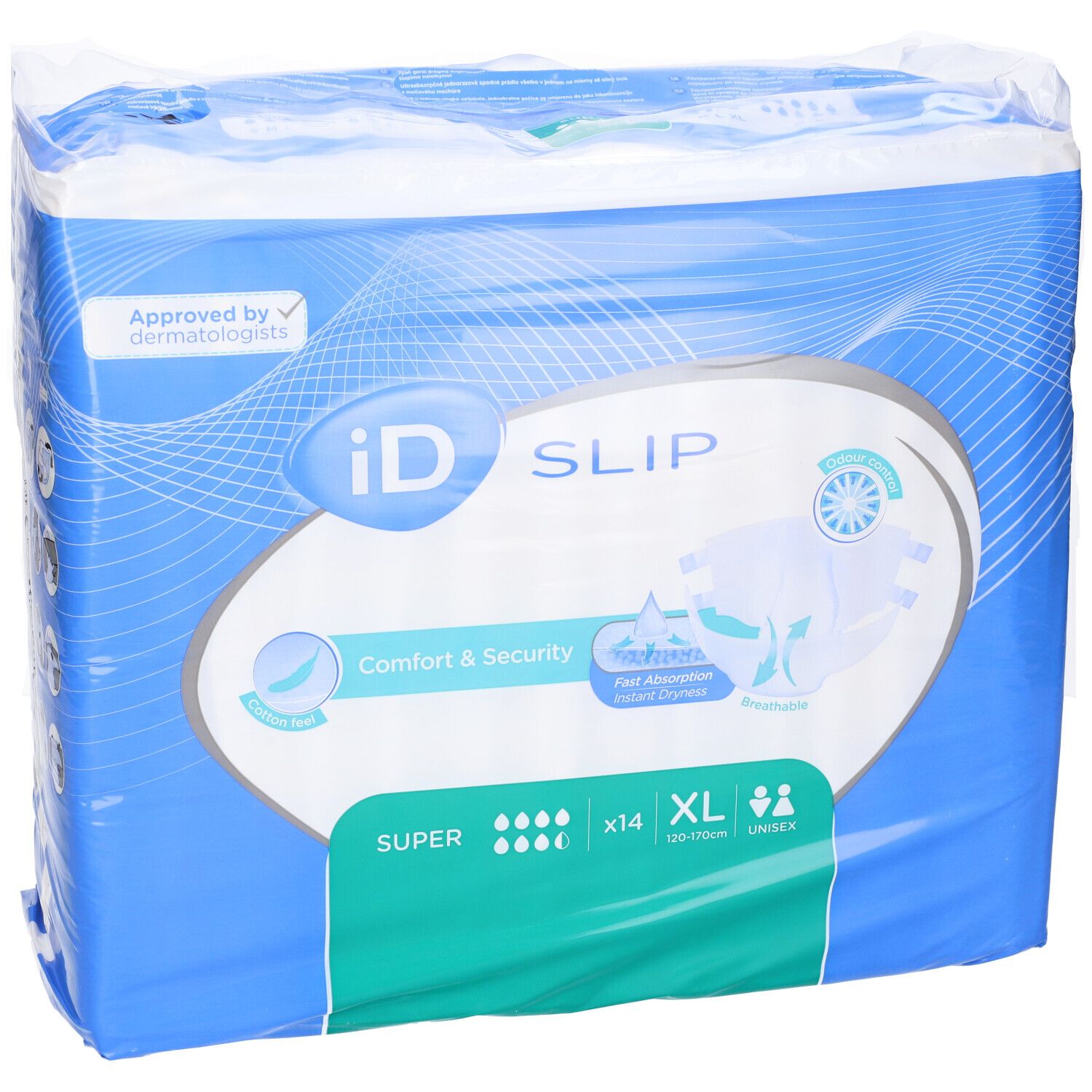 Confezione di pannolini ID Slip blu. Scritta SLIP, SUPER, XL, x14. Con certificazione.