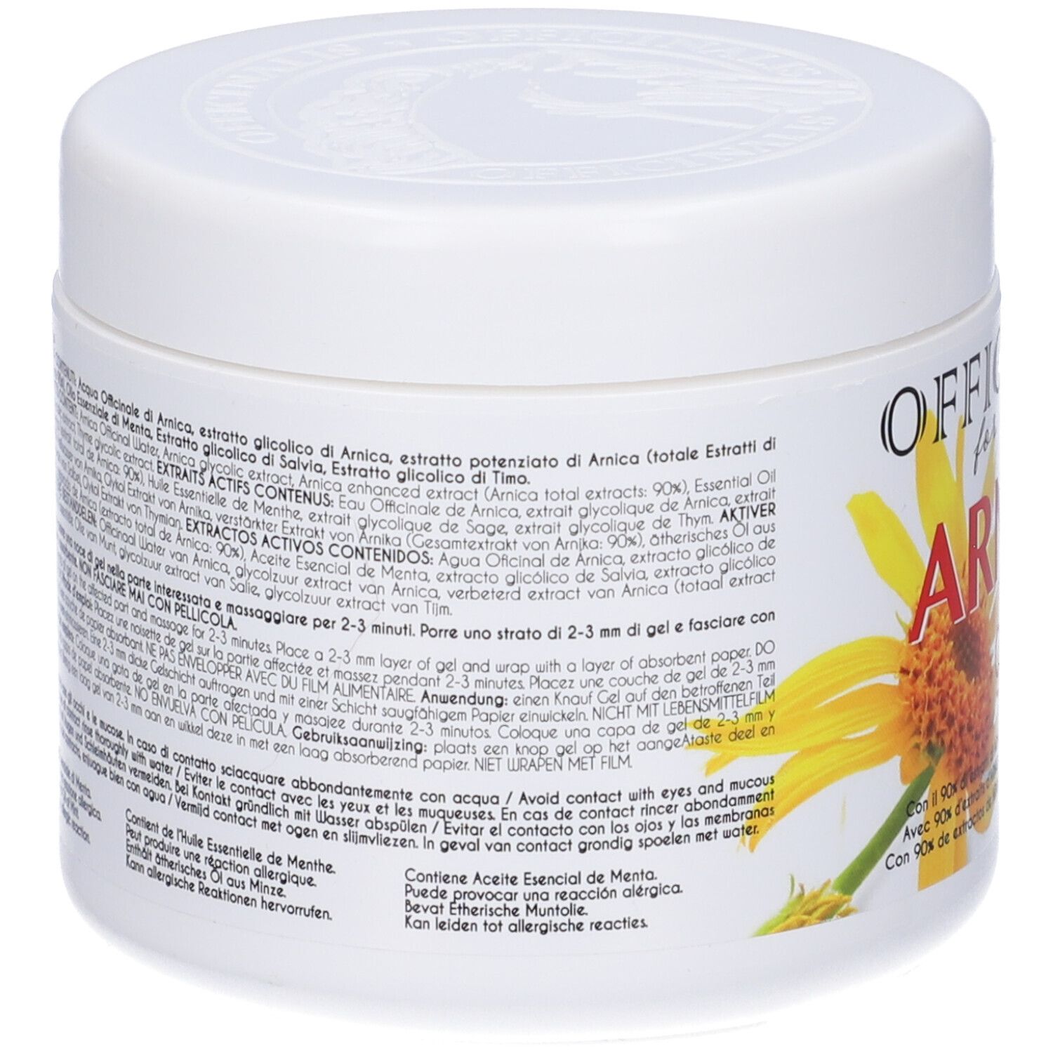 Vasetto bianco con testo. Contiene ingredienti come l'estratto di arnica. Istruzioni per l'uso multilingue.