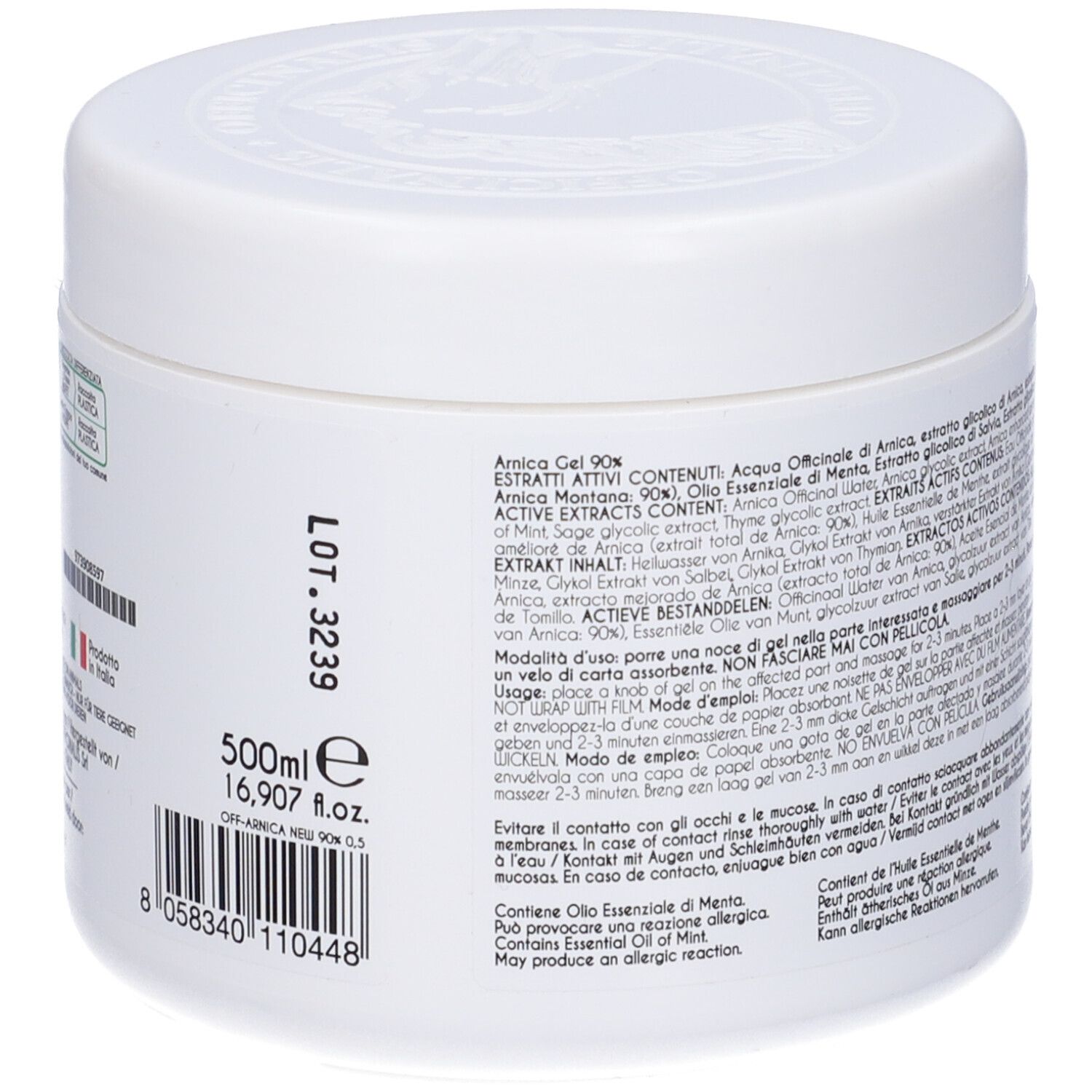 Vasetto bianco con testo. Contiene ingredienti come l'estratto di arnica. Numero di lotto e volume.