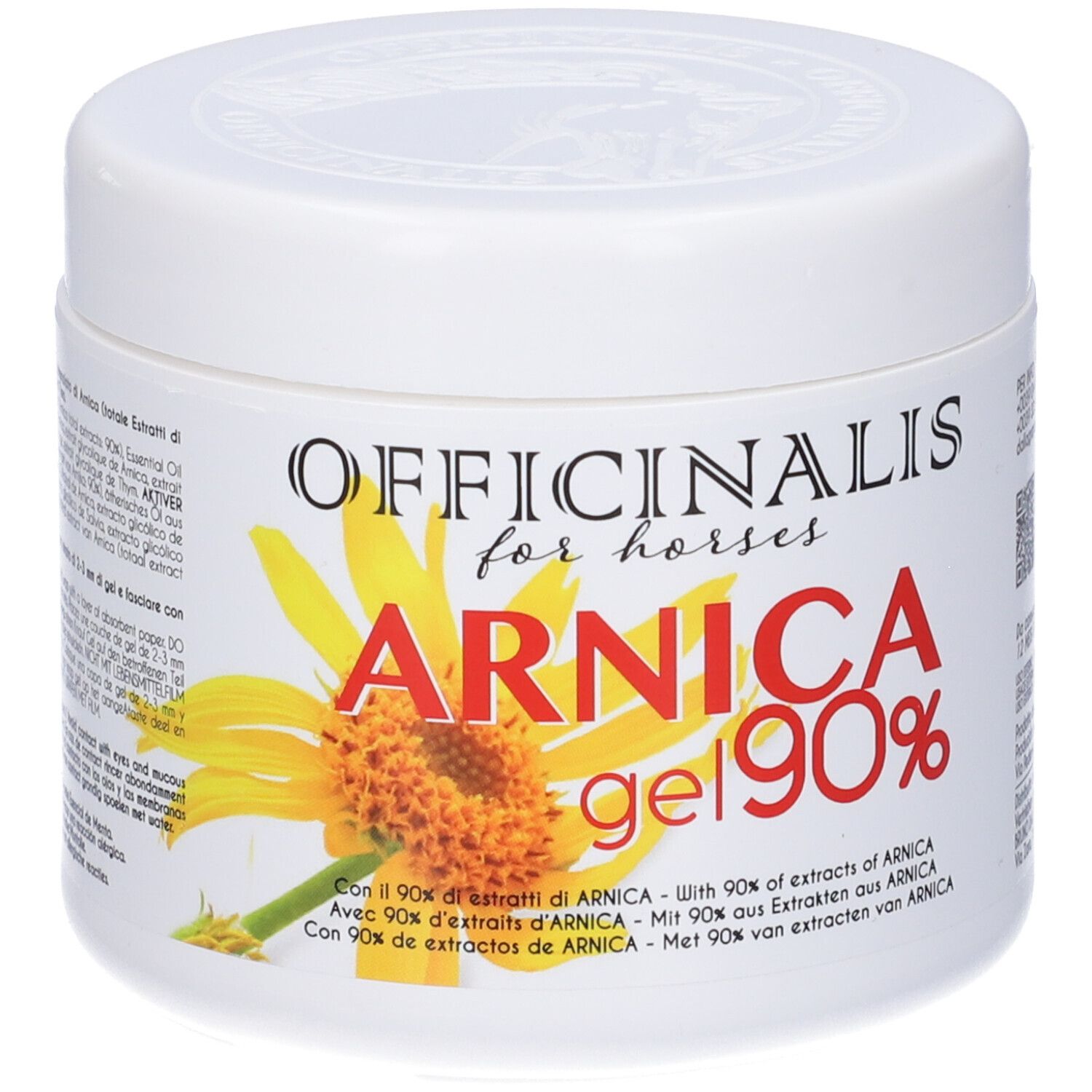 Vasetto bianco con scritta OFFICINALIS for horses. ARNICA gel 90%. Gel con il 90% di estratto di arnica.