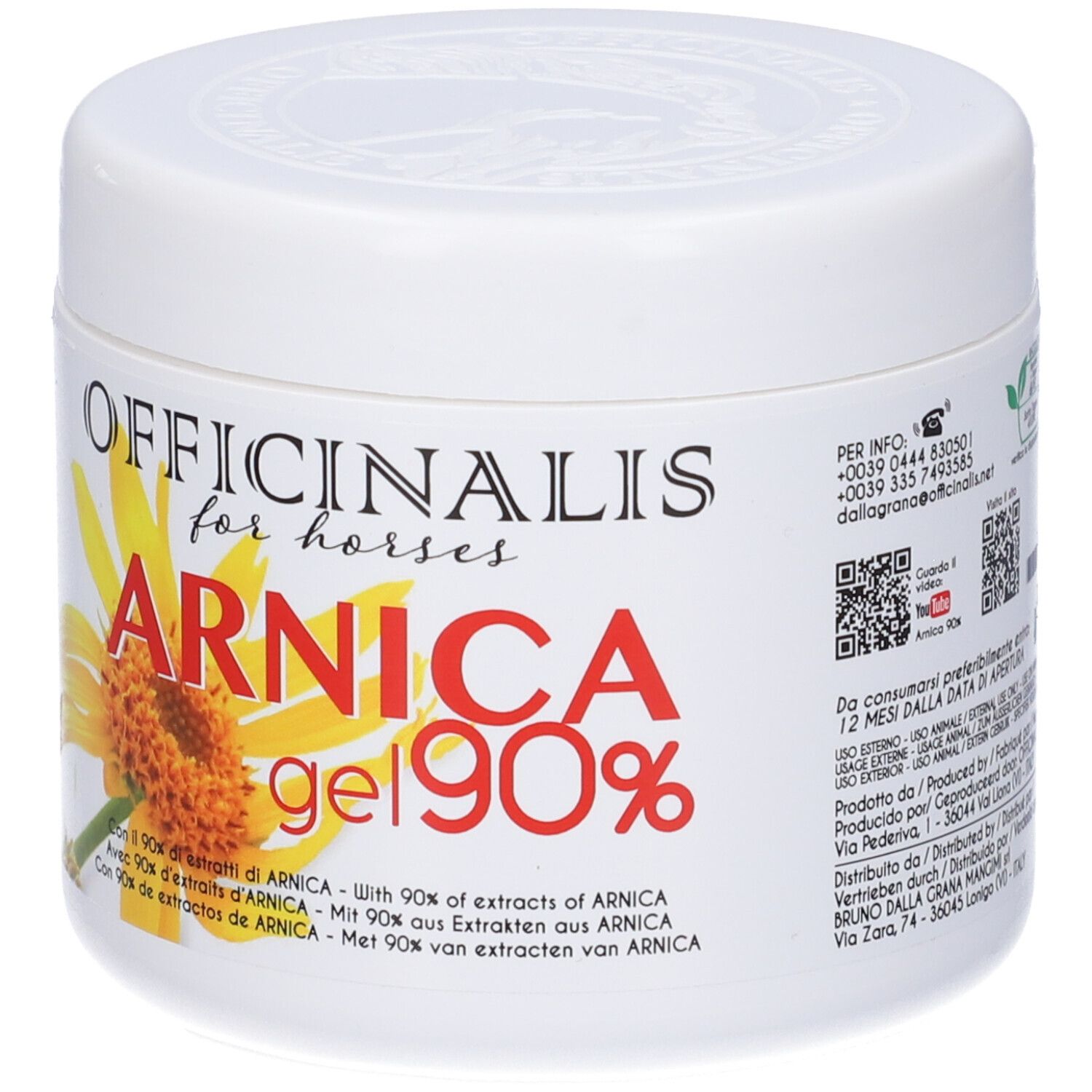 Vasetto bianco con scritta OFFICINALIS for horses. ARNICA gel 90%. Informazioni di contatto e QR code.