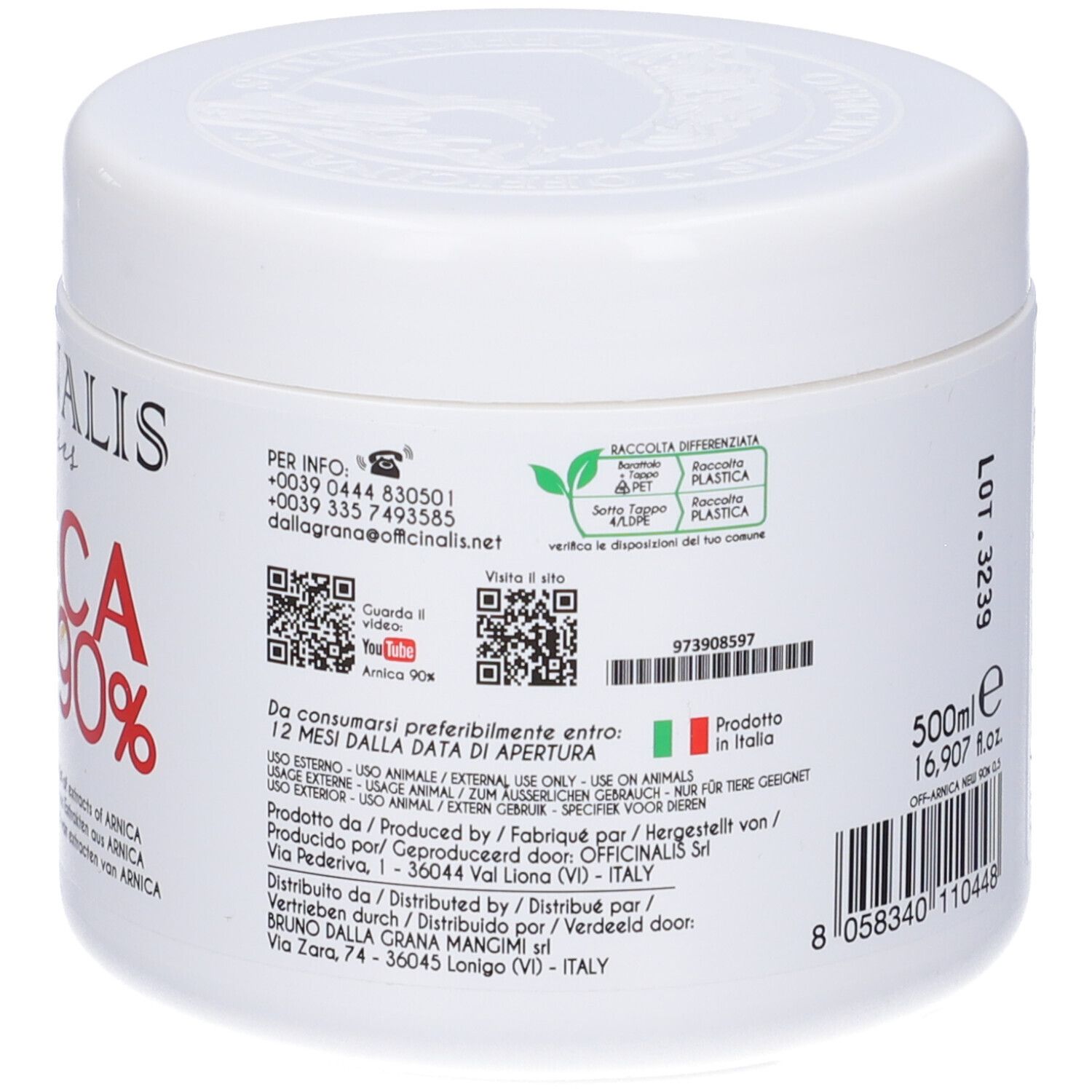 Vasetto bianco con testo. Contiene informazioni sugli ingredienti, il produttore e il riciclaggio.