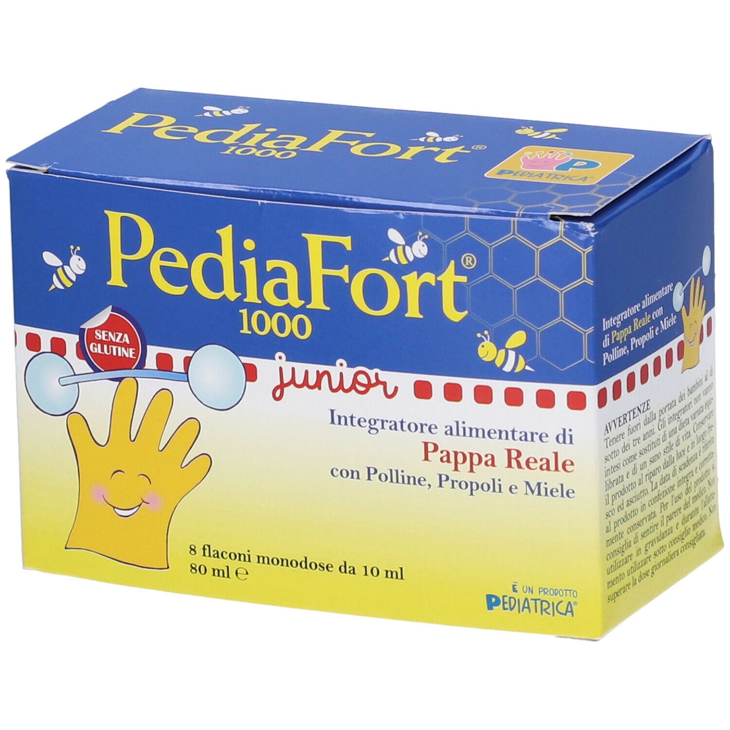 Scatola blu e gialla "PediaFort 1000 junior". Contiene 8 flaconcini. Scritta "Senza glutine".