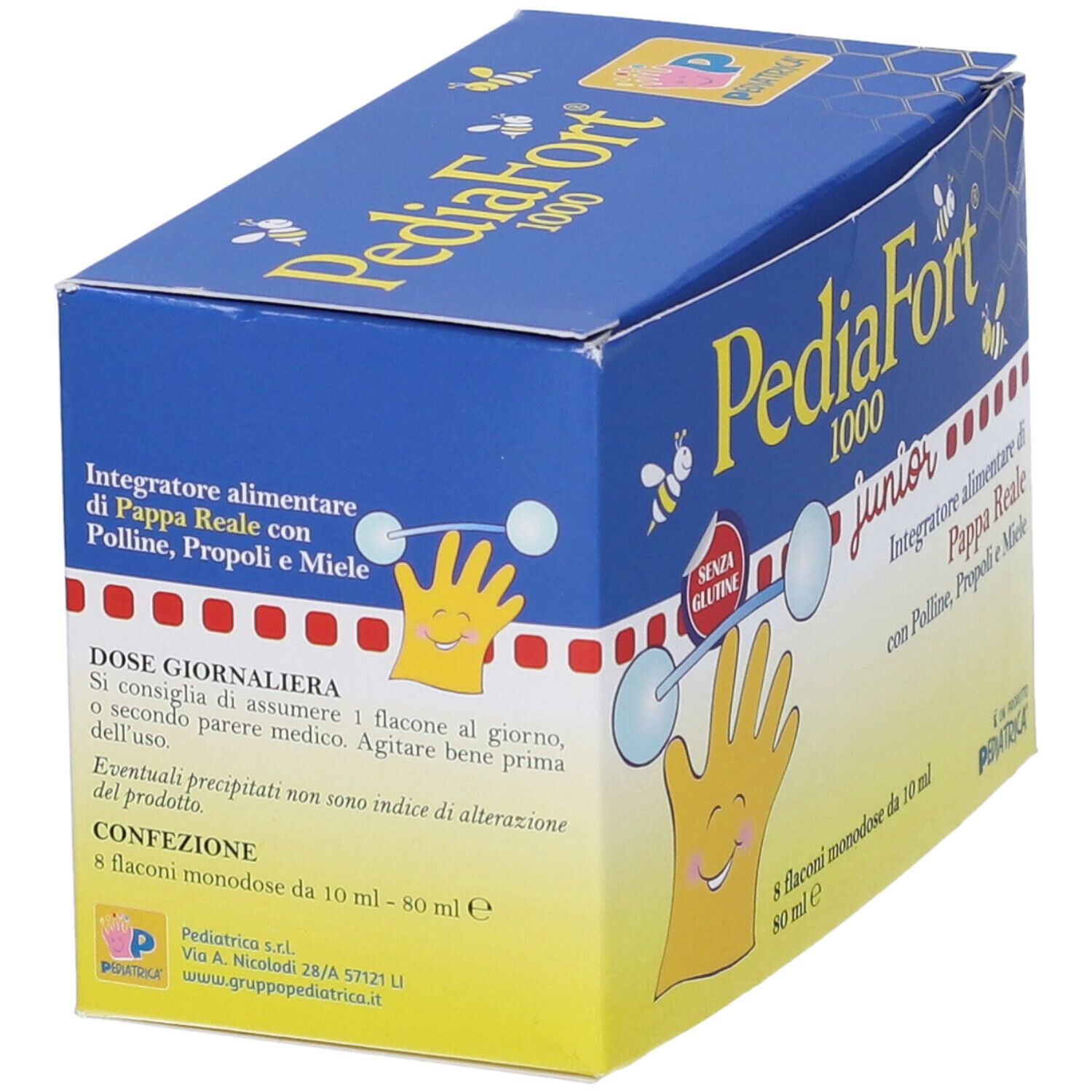 Scatola "PediaFort 1000 junior" con informazioni. Contiene 8 flaconcini. Testo: "Senza glutine".