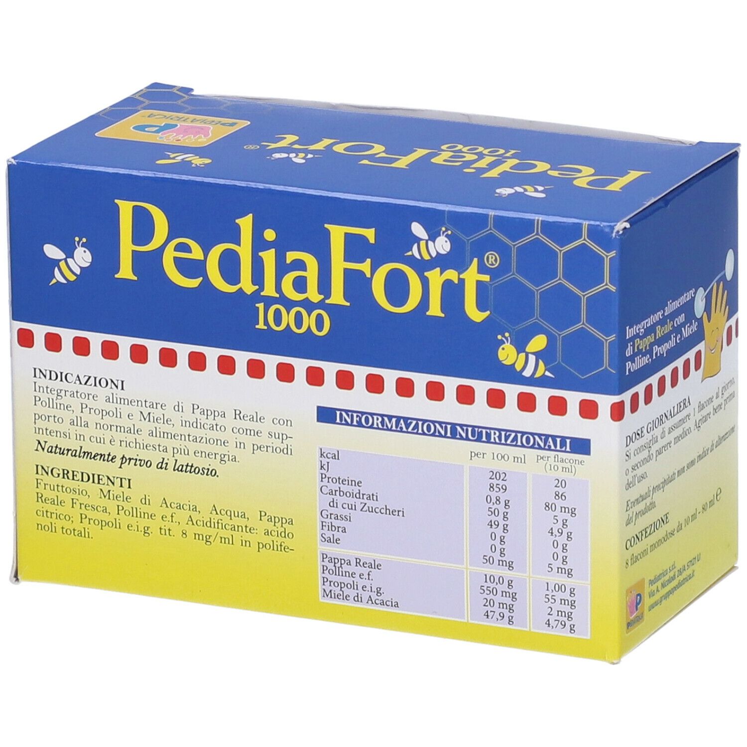 Scatola "PediaFort 1000 junior" con informazioni nutrizionali. Contiene 8 flaconcini. Testo: "Senza glutine".