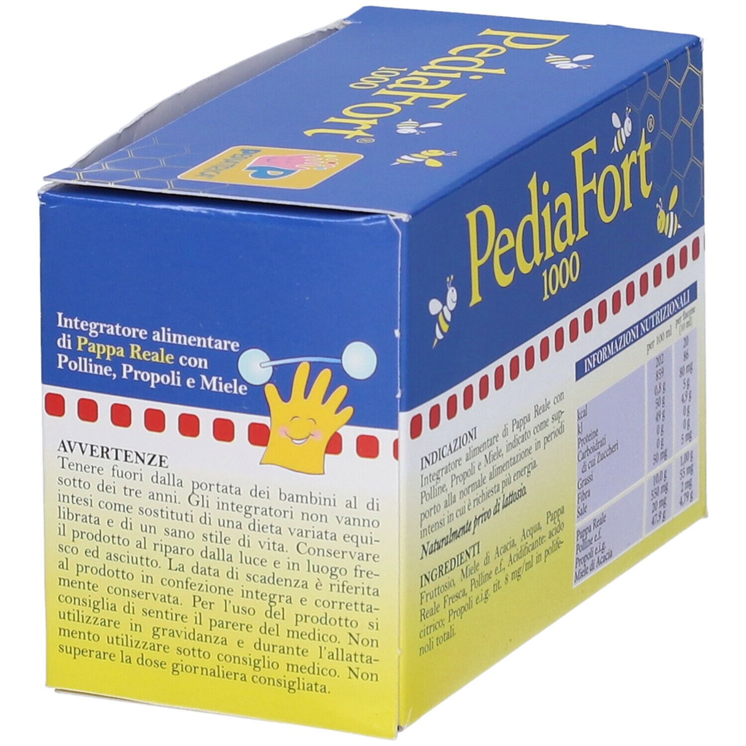Scatola "PediaFort 1000 junior" con avvertenze. Contiene 8 flaconcini. Testo: "Senza glutine".