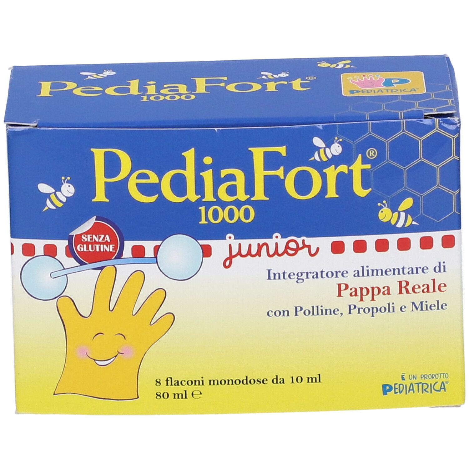 Scatola blu e gialla "PediaFort 1000 junior". Contiene 8 flaconcini. Scritta "Senza glutine".