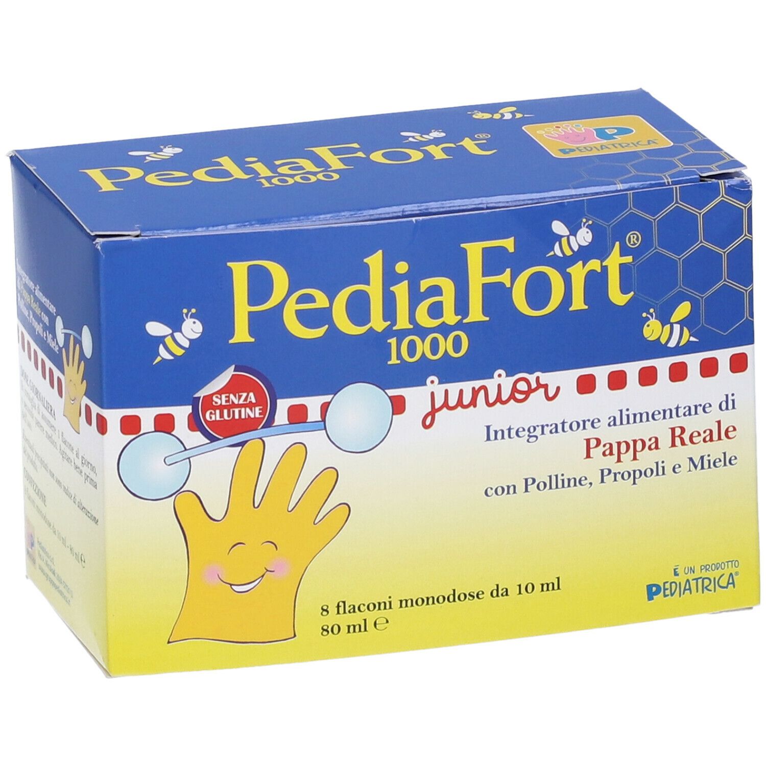 Scatola blu e gialla "PediaFort 1000 junior". Contiene 8 flaconcini. Scritta "Senza glutine".