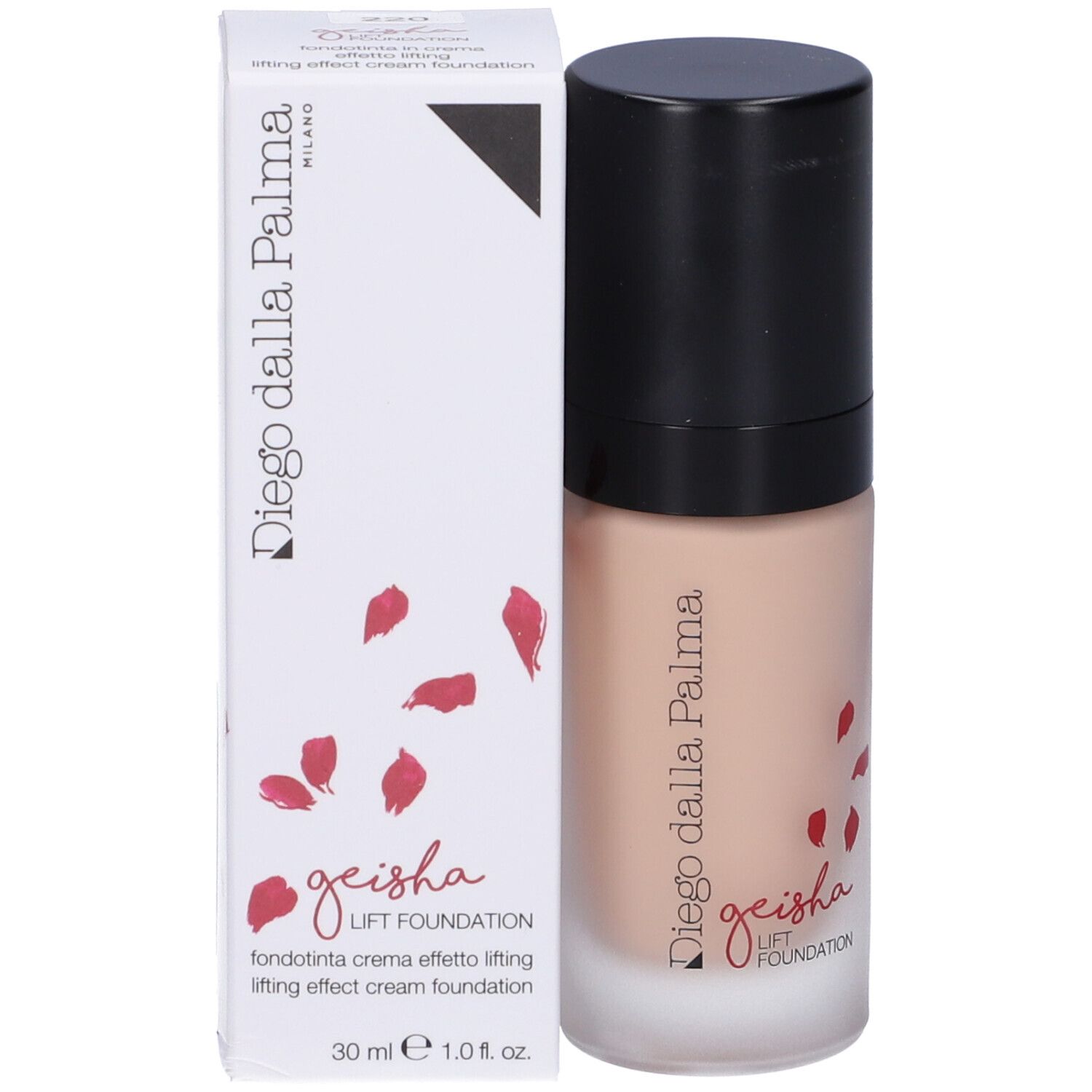 Fondotinta beige rosato in flacone di vetro con tappo nero e scatola. Scritta: Geisha Lift Foundation, Diego Dalla Palma.