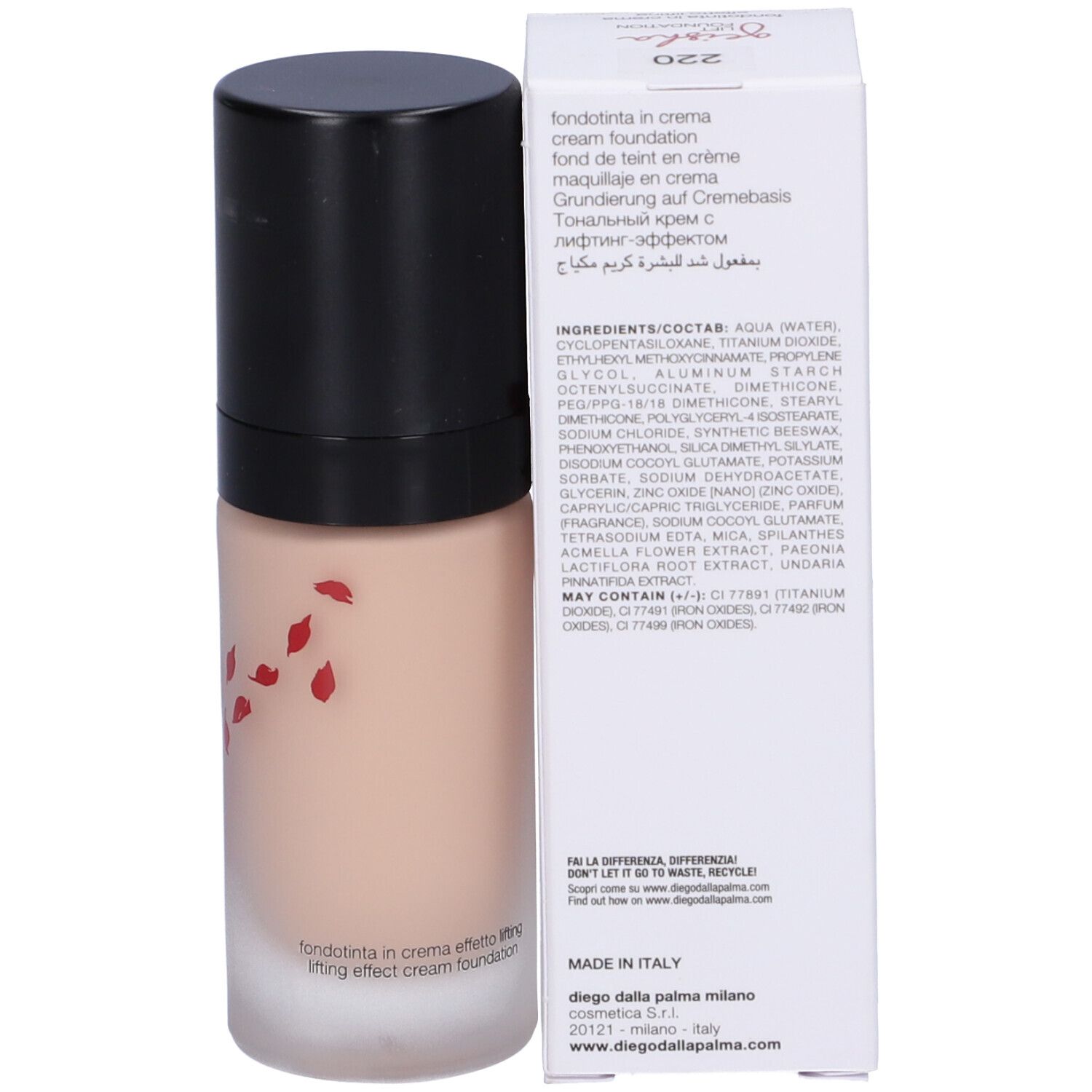 Flacone di fondotinta e scatola. Scritta: Geisha Lift Foundation, ingredienti, Diego Dalla Palma.