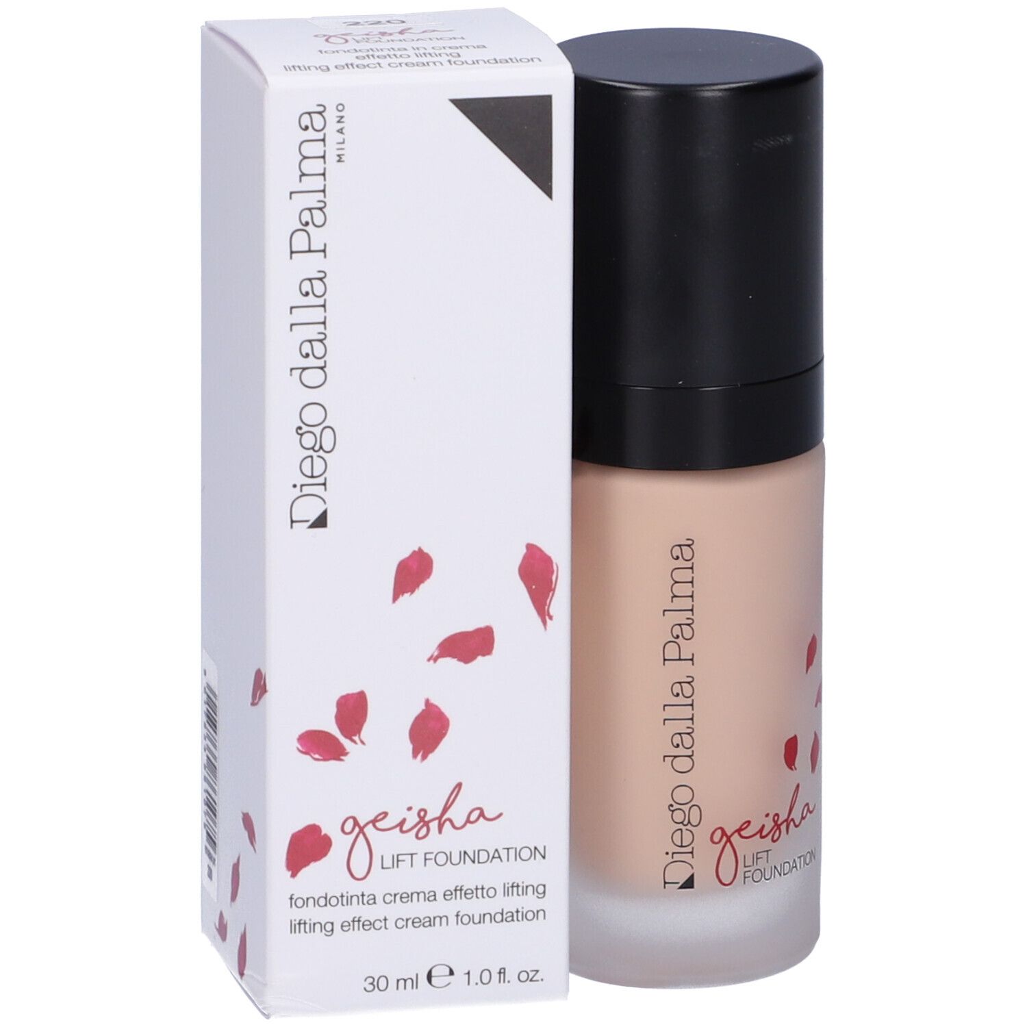 Flacone di fondotinta e scatola. Scritta: Geisha Lift Foundation, Diego Dalla Palma, 30 ml.