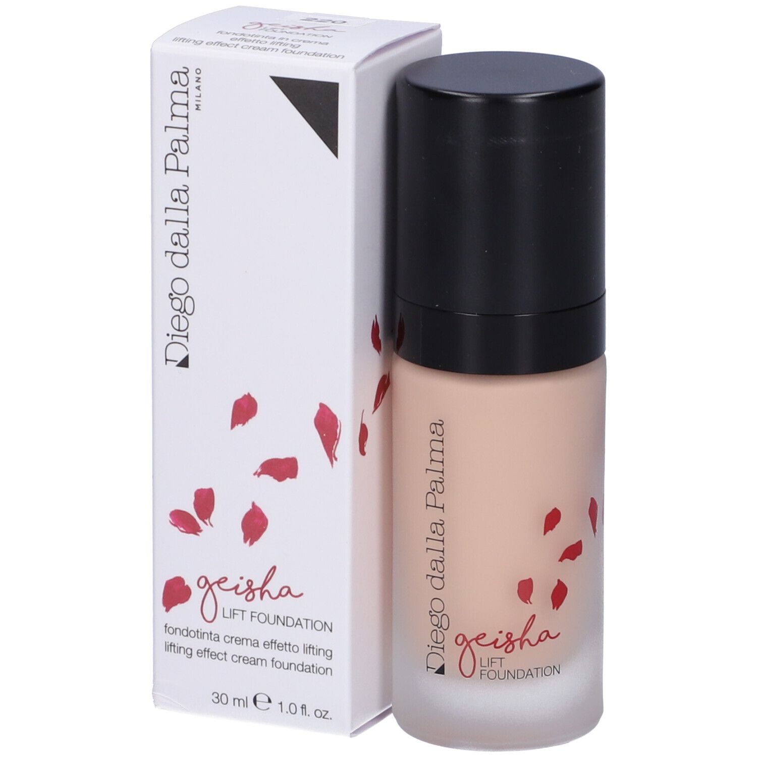 Flacone di fondotinta e scatola. Scritta: Geisha Lift Foundation, Diego Dalla Palma, 30 ml.