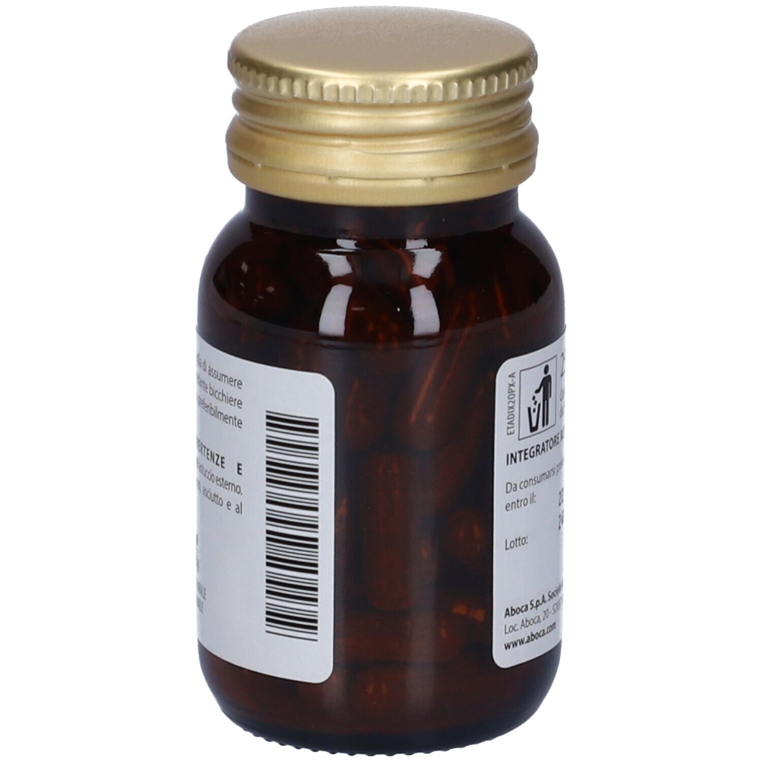 Adiprox Advanced-Verpackung und Flasche. Rote Schachtel und braune Flasche mit Kapseln.