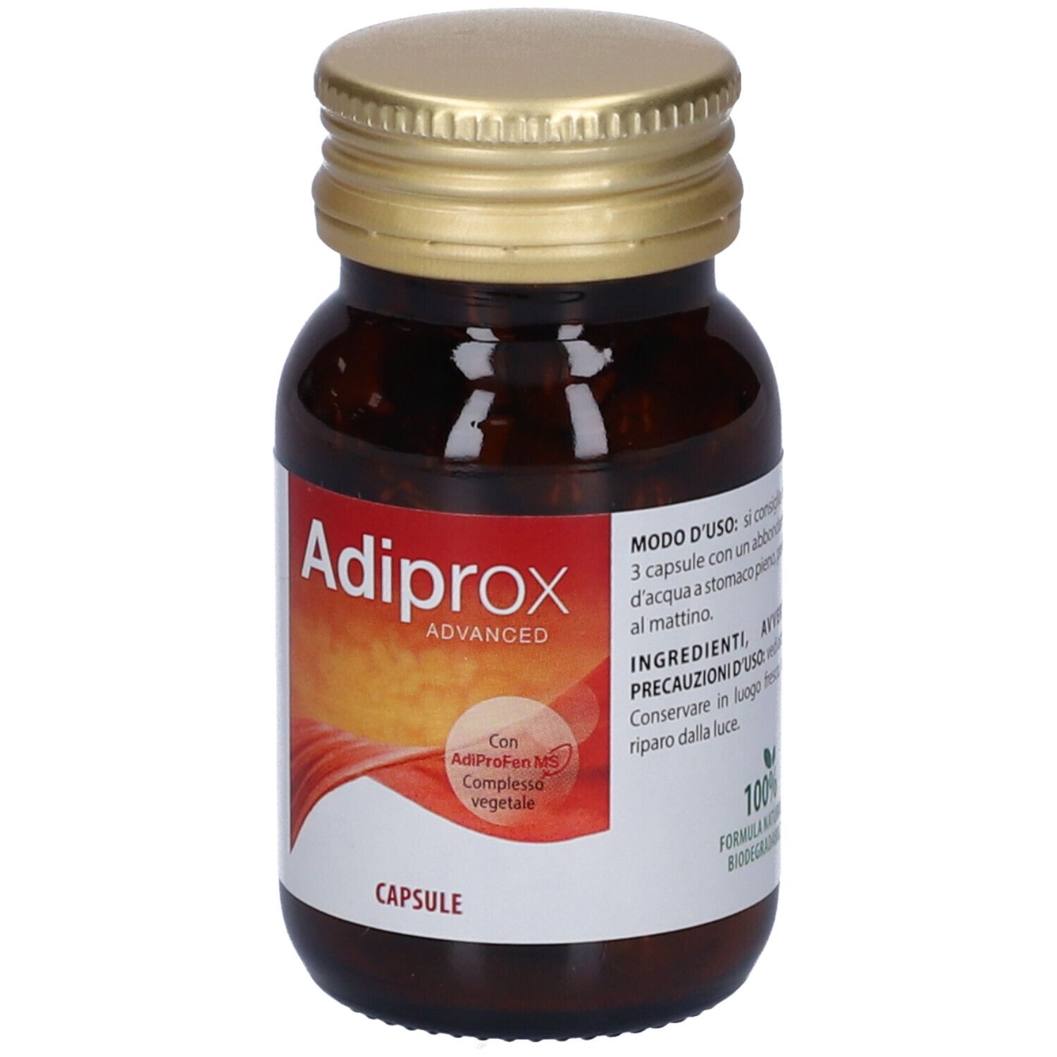 Braune Glasflasche mit goldfarbenem Deckel. Enthält Adiprox Advanced Kapseln.