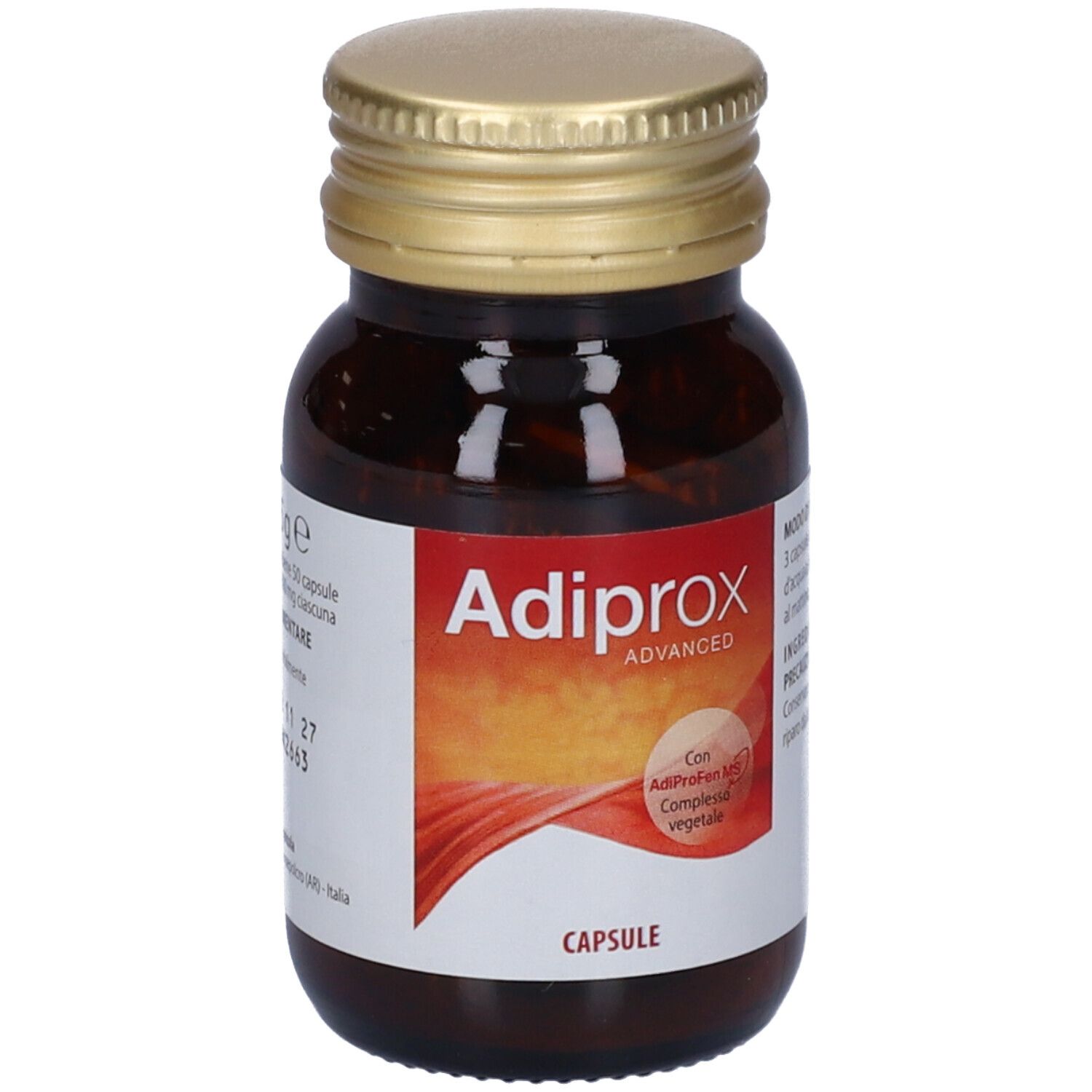 Braune Glasflasche mit goldfarbenem Deckel. Enthält Adiprox Advanced Kapseln.