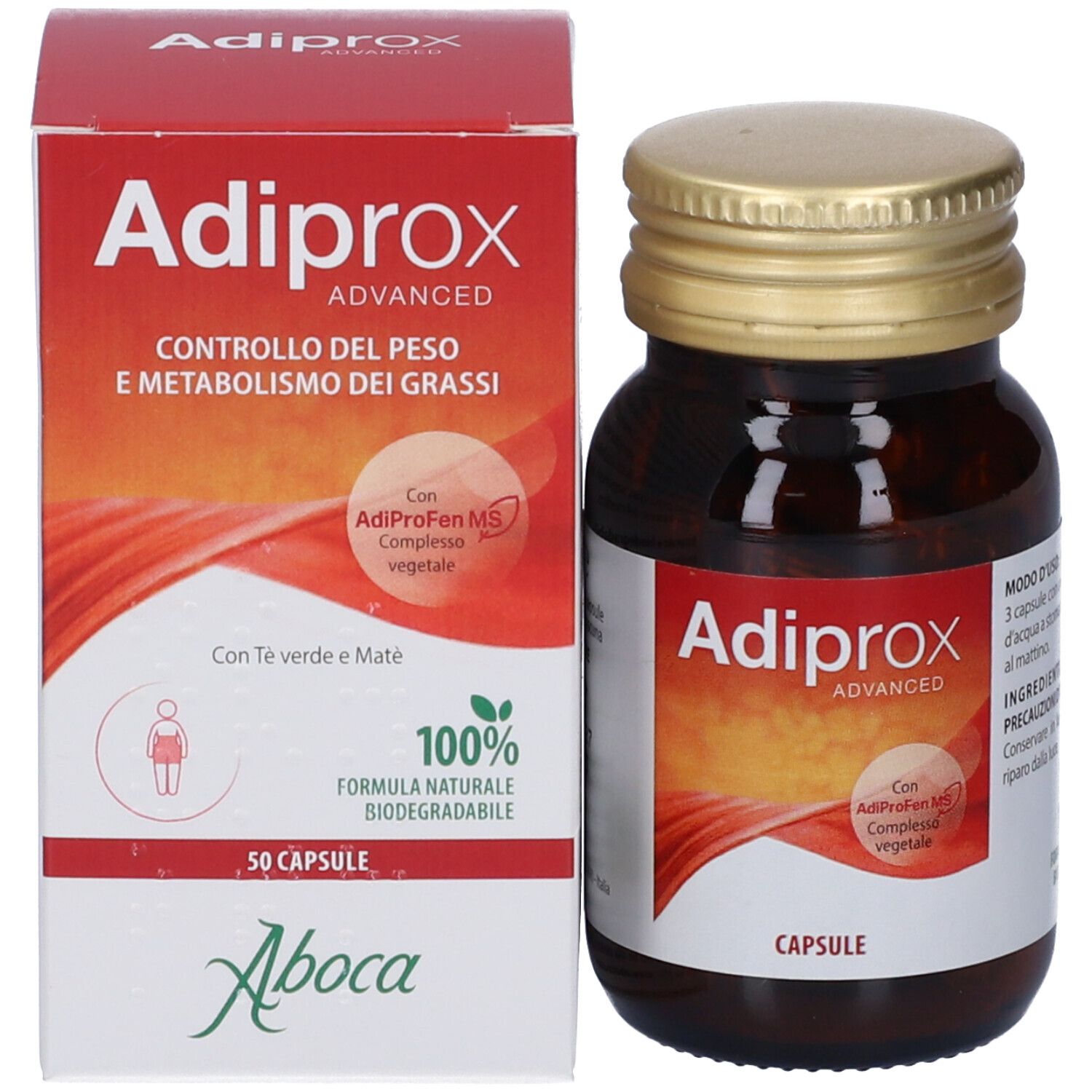 Adiprox Advanced-Verpackung und Flasche. Rote Schachtel und braune Flasche mit Kapseln.