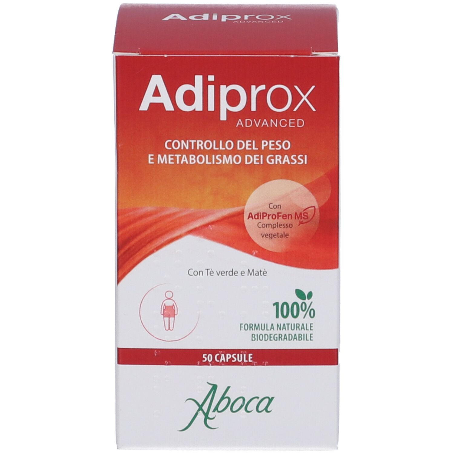 Adiprox Advanced-Verpackung. Rote Schachtel mit Produktinformationen und Logo.