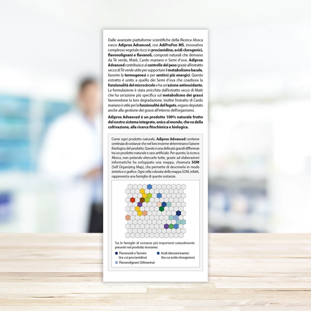 Rückseite der Produktverpackung. Text: Wissenschaftliche Informationen, Aboca. Hintergrund: verschwommen.