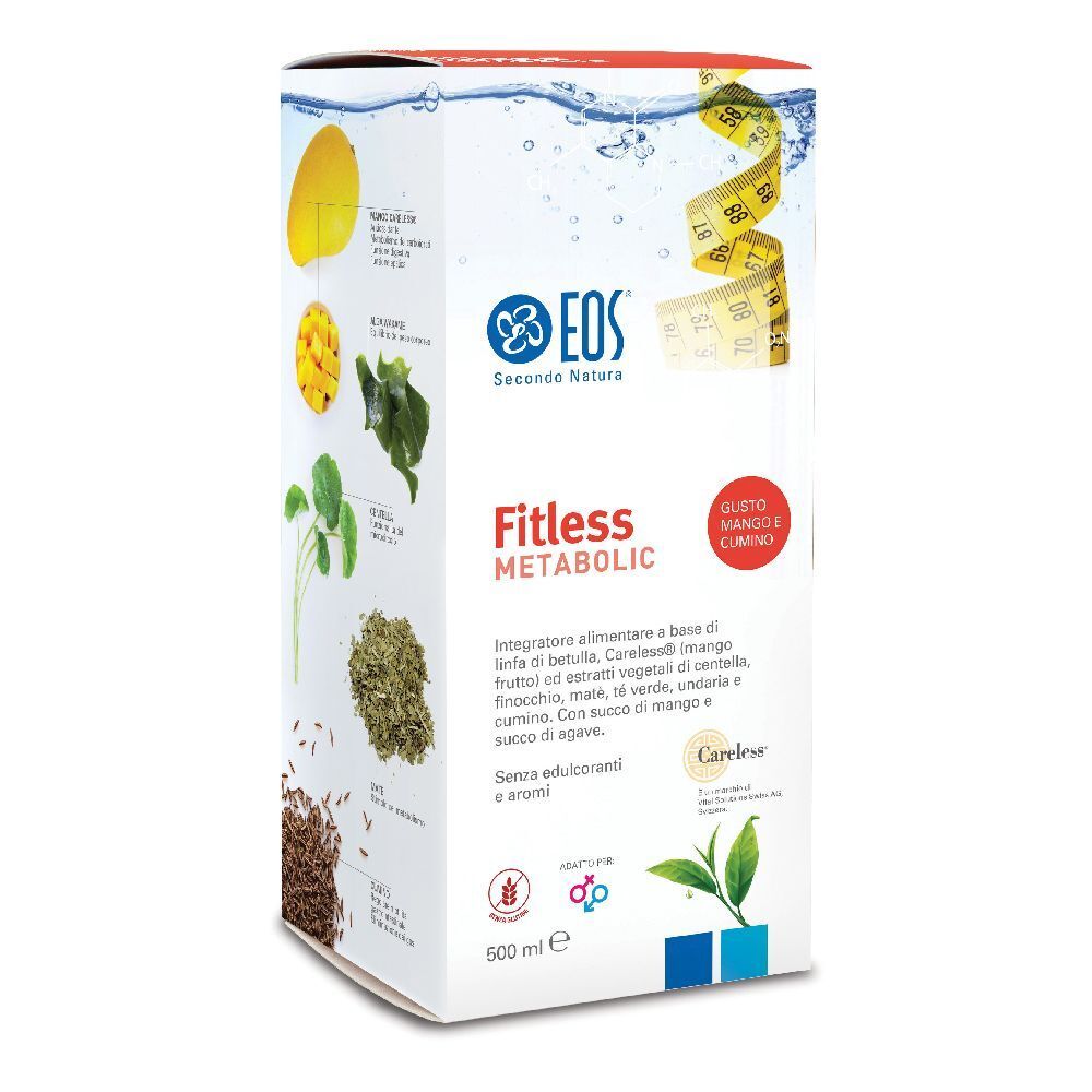 Scatola bianca con nome del prodotto e ingredienti. Gusto mango e cumino. 500 ml. Logo Eos.