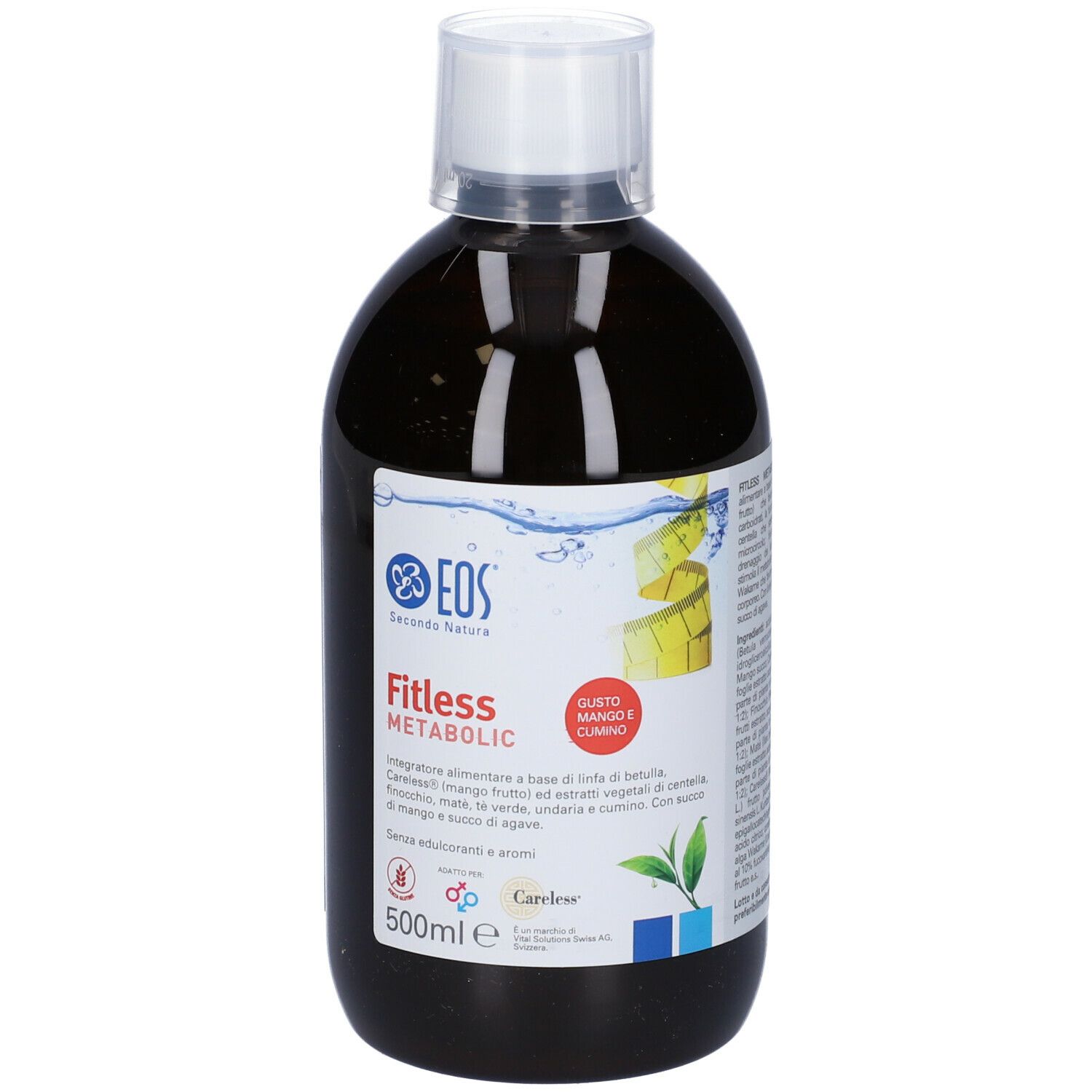 Bottiglia marrone con tappo bianco. Nome del prodotto e ingredienti. Gusto mango e cumino. 500 ml. Logo Eos.