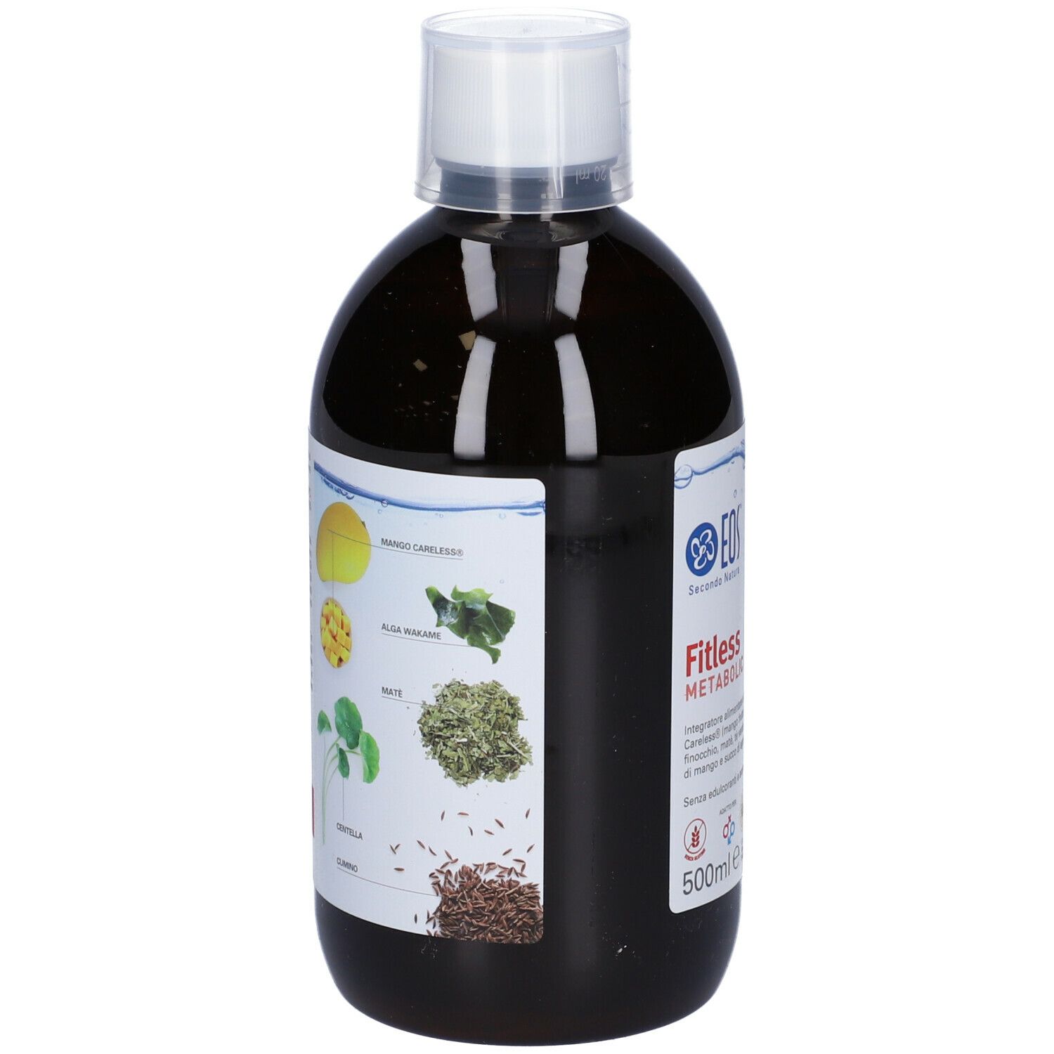 Bottiglia marrone con tappo bianco. Nome del prodotto e ingredienti. 500 ml. Logo Eos. Illustrazione ingredienti.