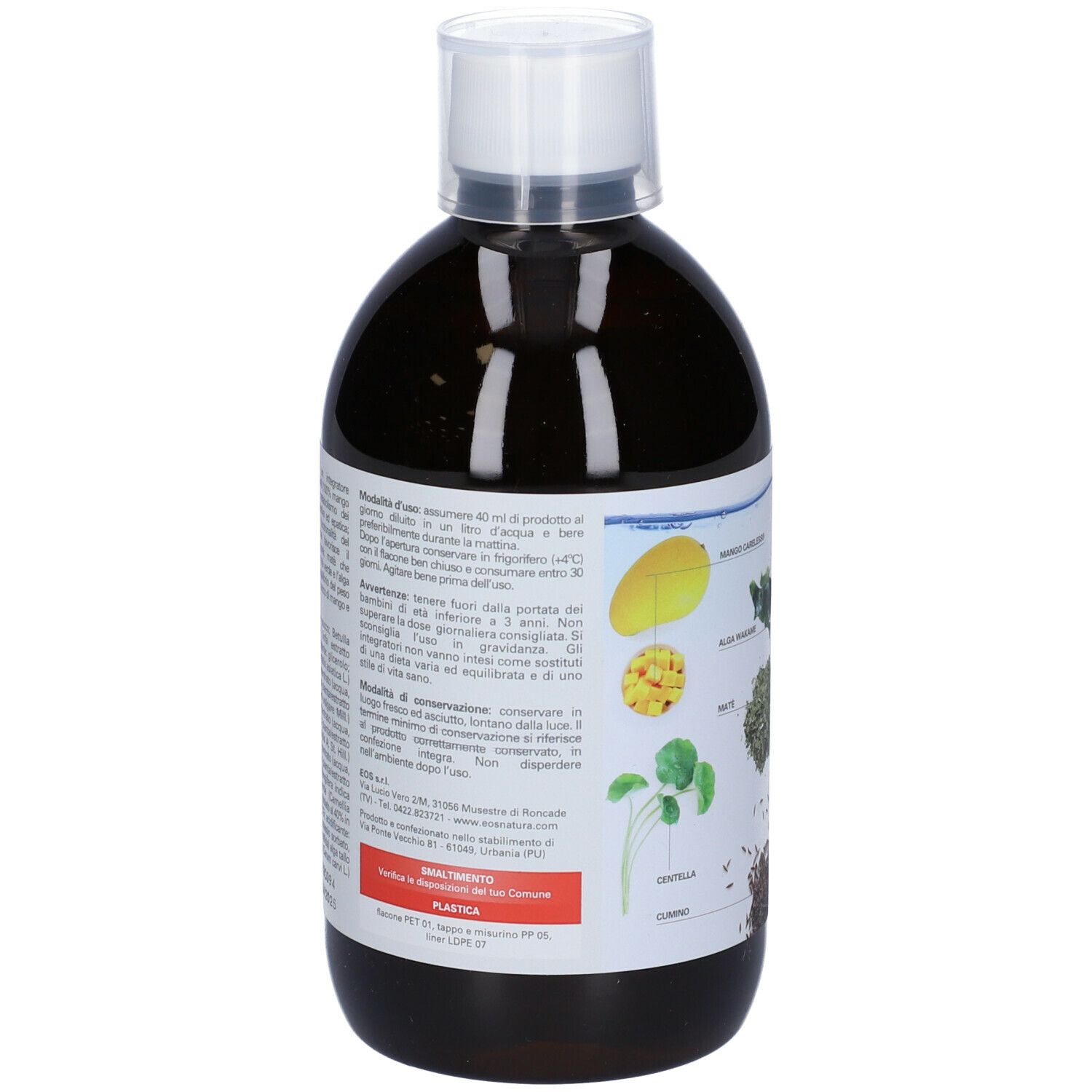 Bottiglia marrone con tappo bianco. Nome del prodotto e ingredienti. 500 ml. Logo Eos. Retro con testo.