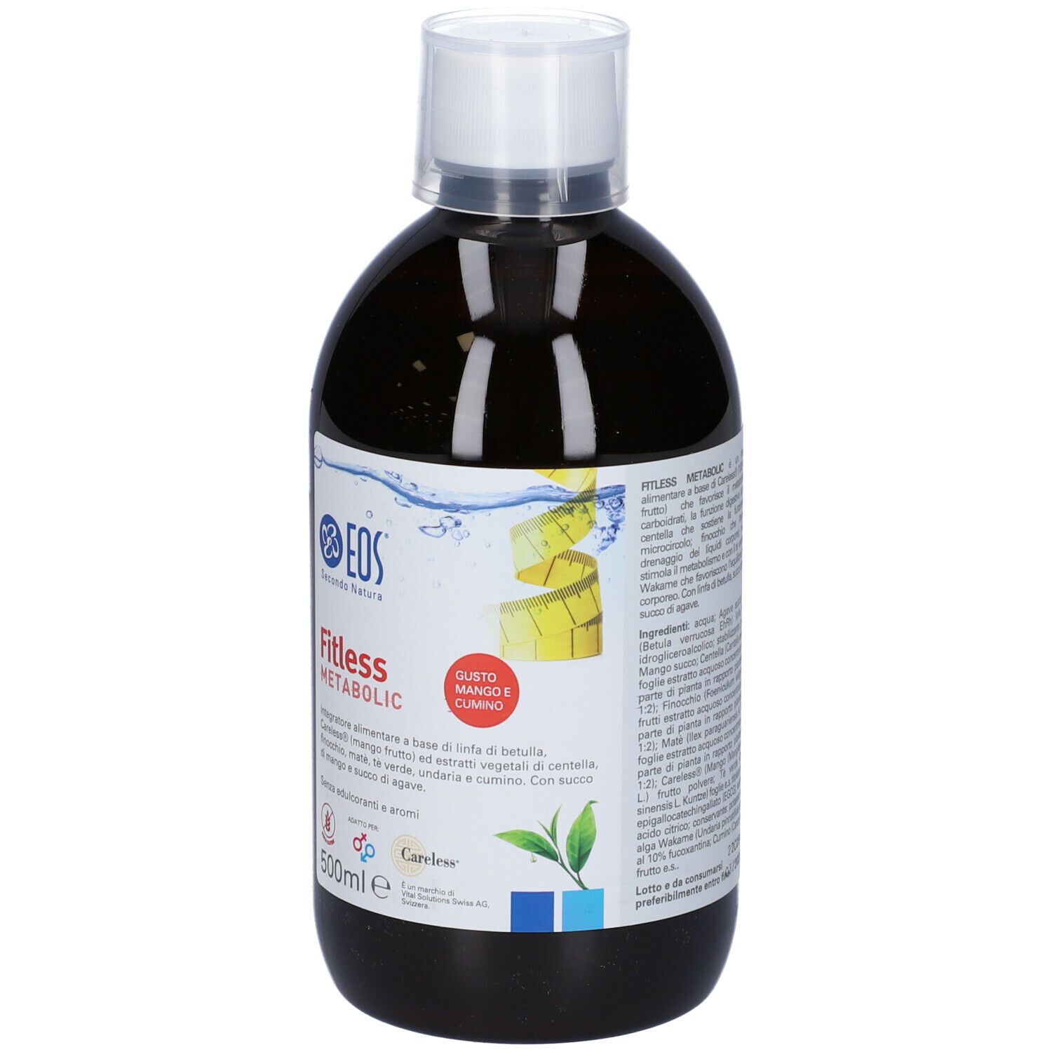 Bottiglia marrone con tappo bianco. Nome del prodotto e ingredienti. Gusto mango e cumino. 500 ml. Logo Eos.