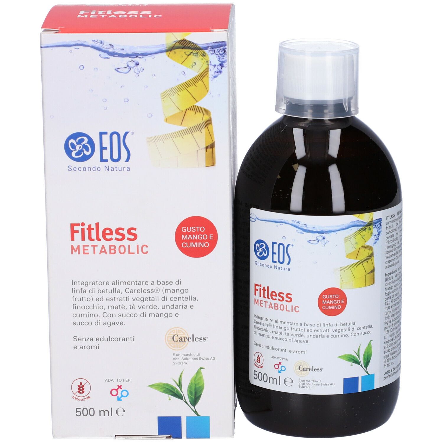 Bottiglia e confezione affiancate. Nome del prodotto e ingredienti. Gusto mango e cumino. 500 ml. Logo Eos.